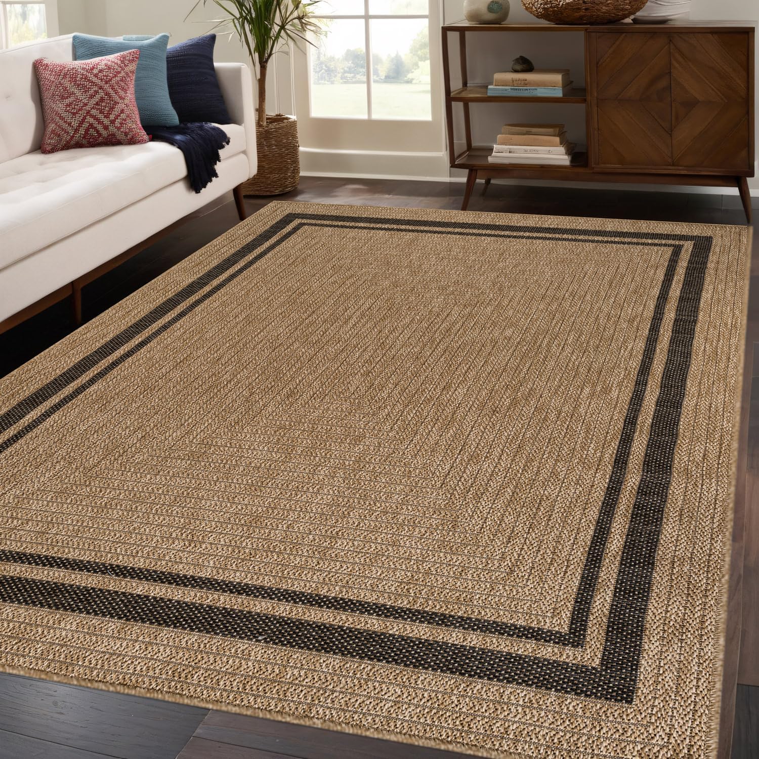 Beverly Rug Easy Jute Bordered Rug 5x7 Washable Durable Indoor Outdoor Area Rugs for Living Dining Room Patio Office Stain Resistant Non Shedding Casual Indoor Outside Carpet 5 x 7 Natural
