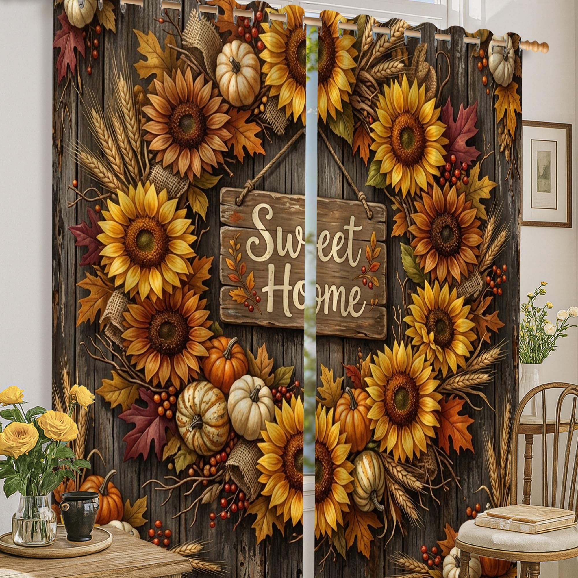 Rideaux occultants tournesol et automne pour salon | 132x160cm