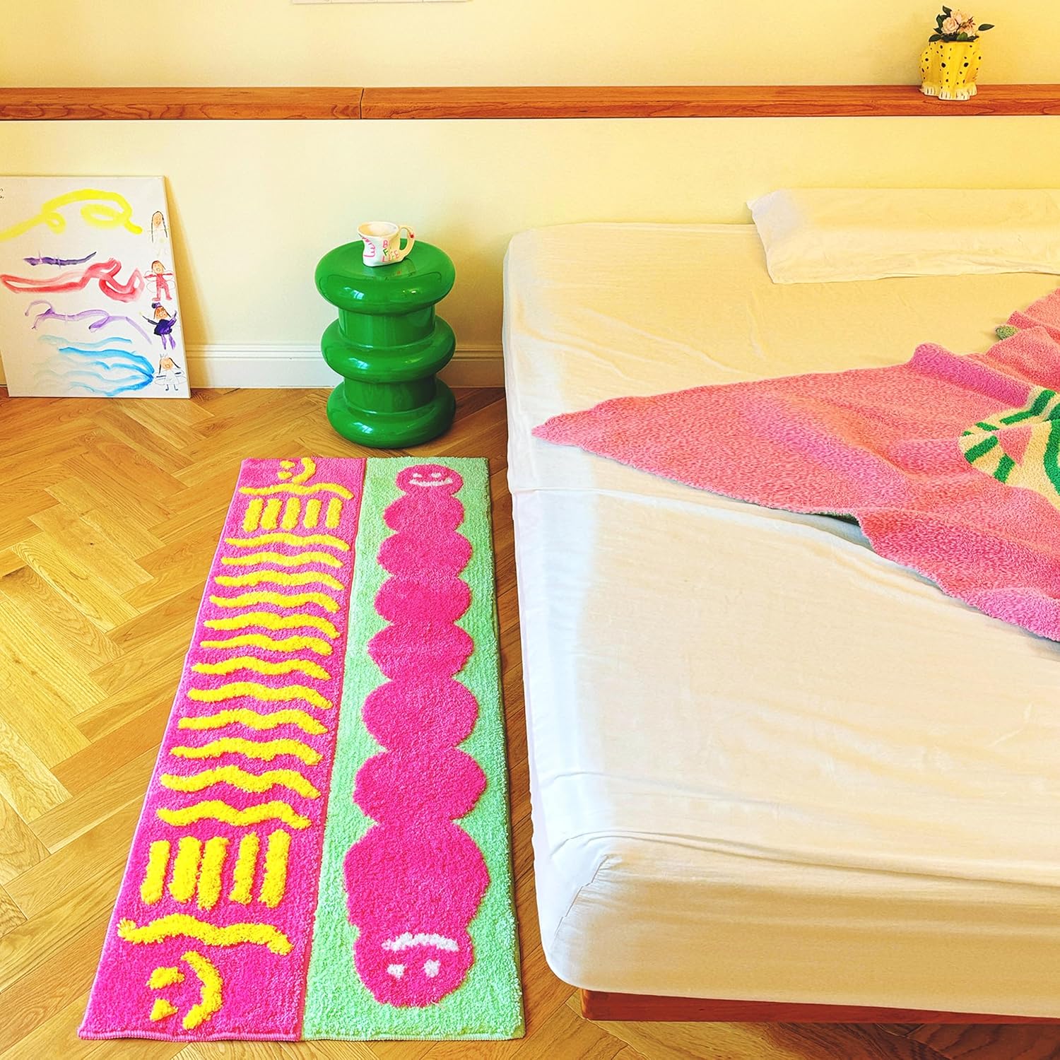 Doodle Tropical Fish Hot Pink Rug – Vibrant Modular Runner, Washable Anti-Slip Carpet Tile, Dopamine Art Design for Bedroom, Hallway & Living Space