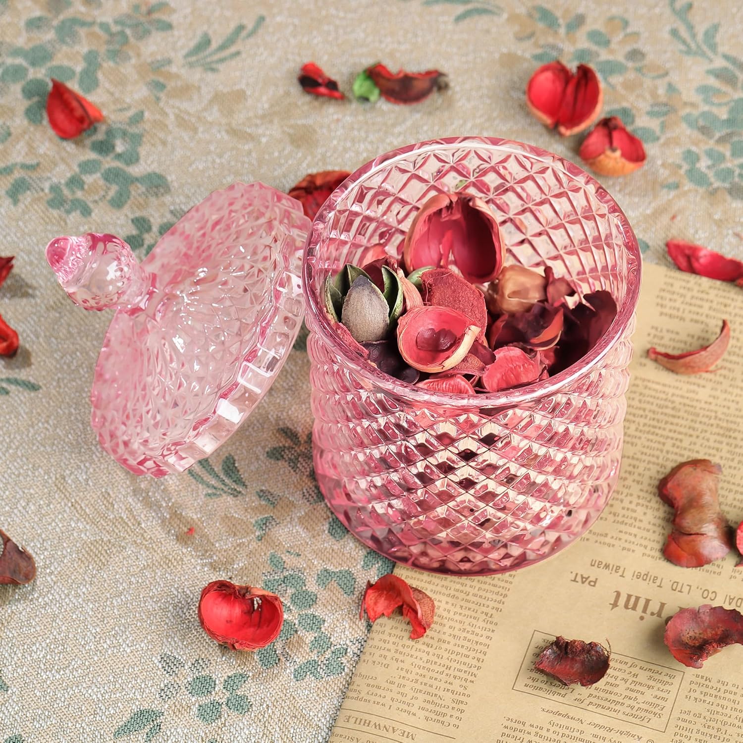 Joeyan 18 oz Light Pink Glass Jars with Lid,Embossed Candy Dishes,Diamond Faceted Jewelry Box Canisters,Decorative Glass Food Container,Colored Kitchen Storage Organizer,Gifts for Wedding Buffet
