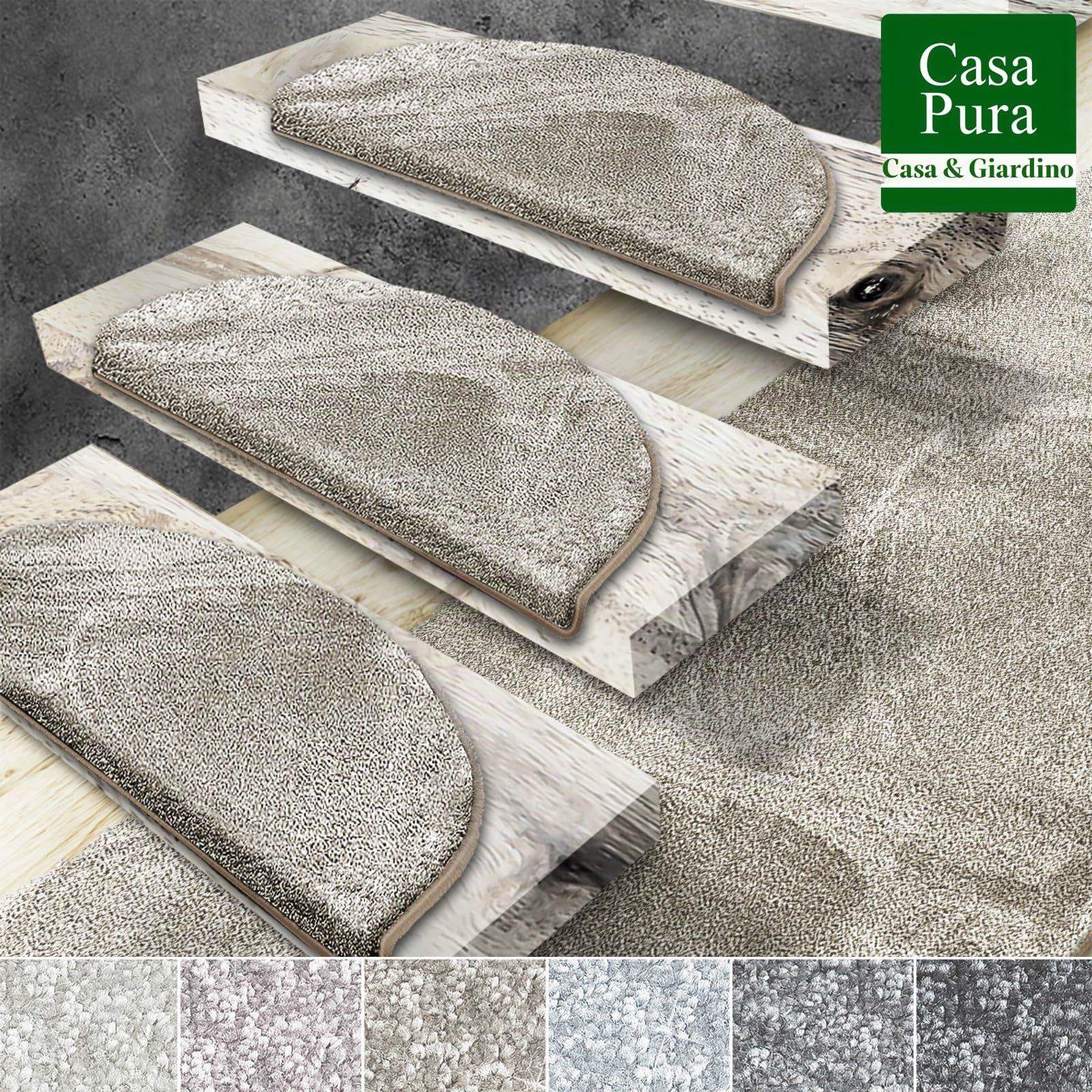 casa pura Coprigradini per Scale Interne - Tappeto Scale Antiscivolo, Effetto Velour (13.5mm) Ultra - Morbido in Numerosi Colori Pastello - Mezzaluna - Set da 15-23.5x65 - Beige