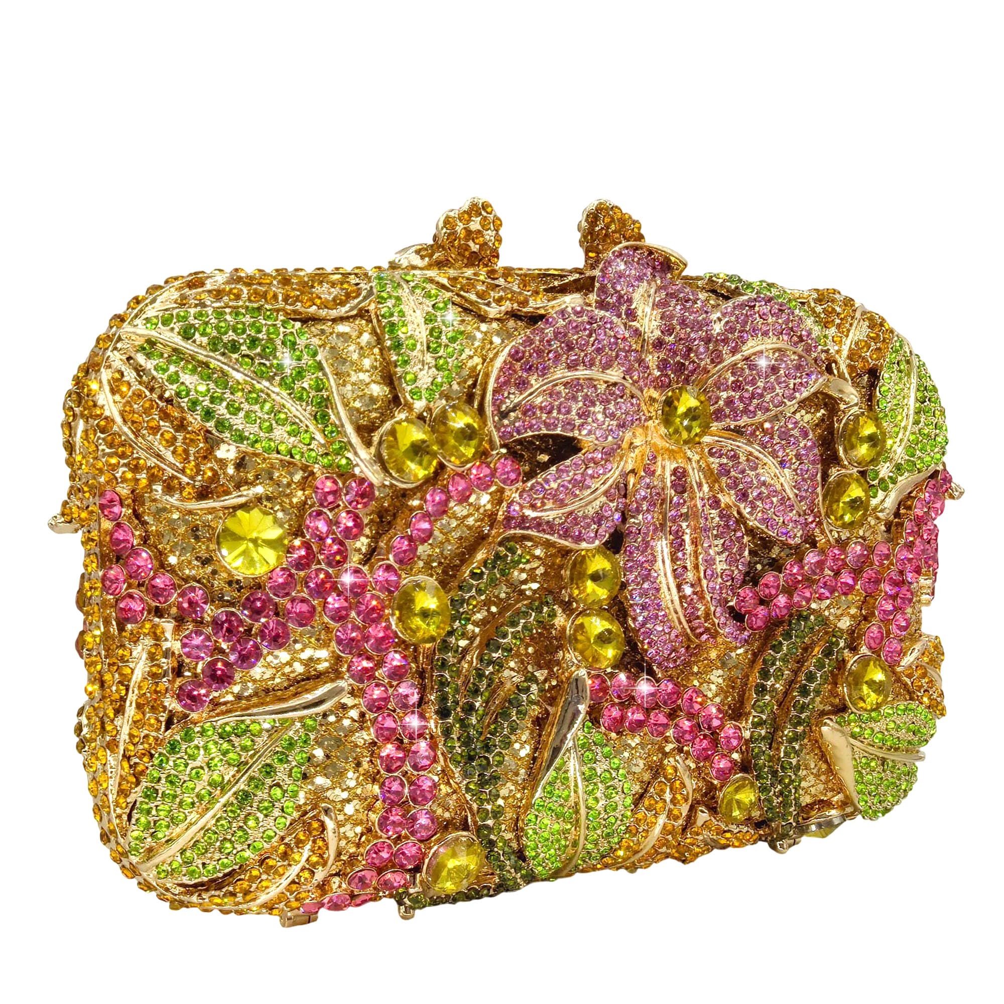 Boutique De FGG Pochette con mini fiore con strass, non adatta al telefono, borsa da sera in cristallo pesante, custodia rigida floreale