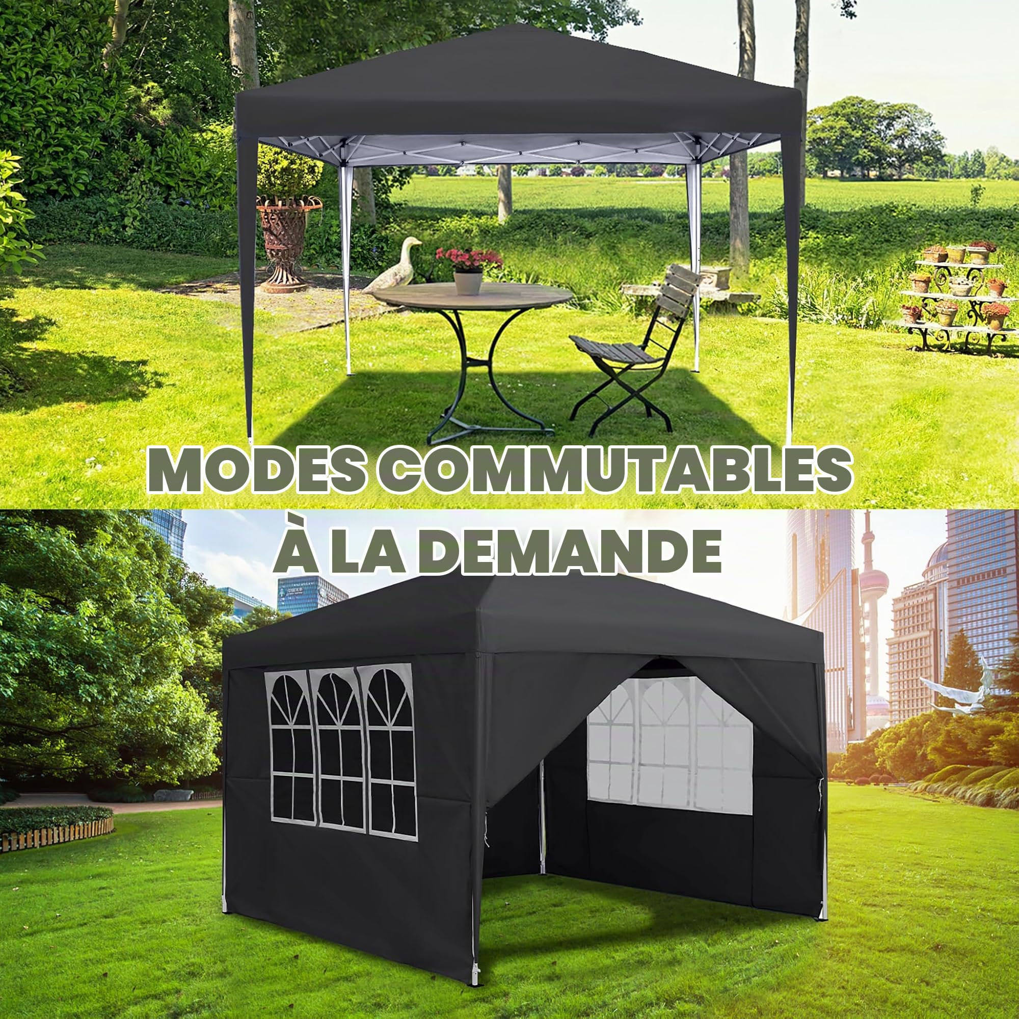 Tonnelle pliable - 2,5 x 2,5 m - Imperméable et stable - Résistante à l'hiver - Avec 4 panneaux latéraux et fenêtres - Tente de jardin pliable - Protection UV - Tente de réception pour