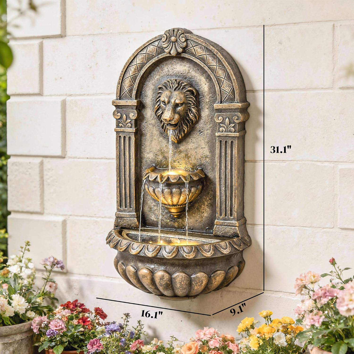 Outsunny 31" Wall-Mounted Outdoor Fountain, 3-Tier Cascading Water Feature with LED Lights and Adjustable Flow, Resin Garden Fountain for Patio Backyard, Bronze