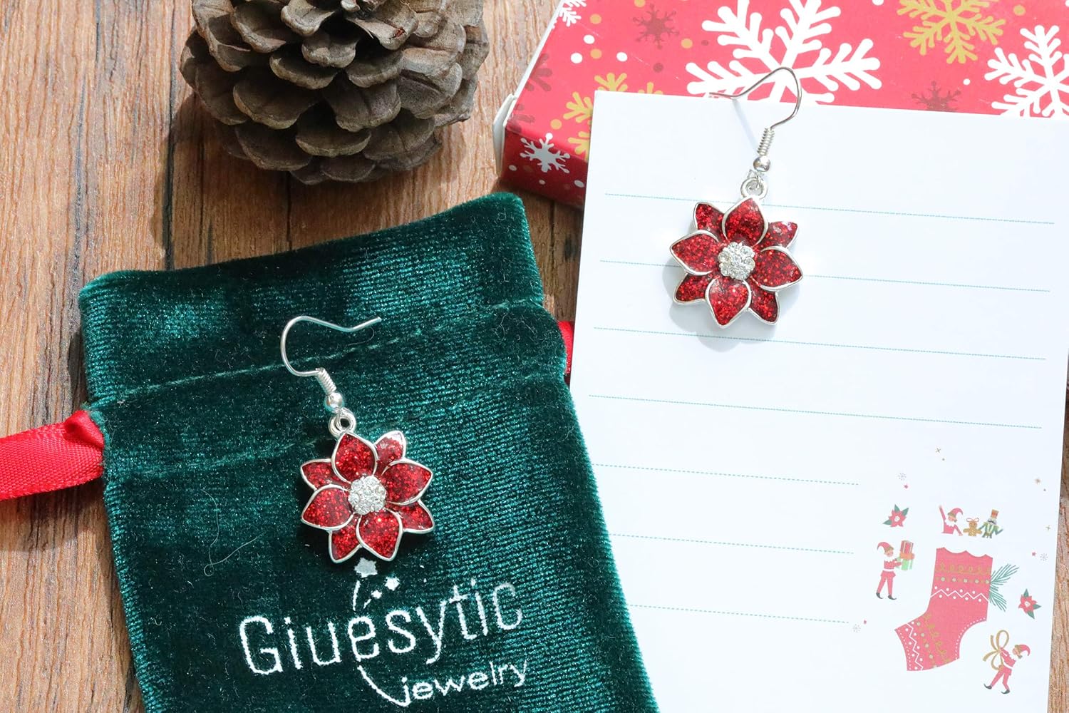Poinsettia Christmas Flower Dangle Earrings Silver Plated Sparkling Crystal Christmas Earrings Gifts Holiday Party Decorations with Message Card & Velvet Bag