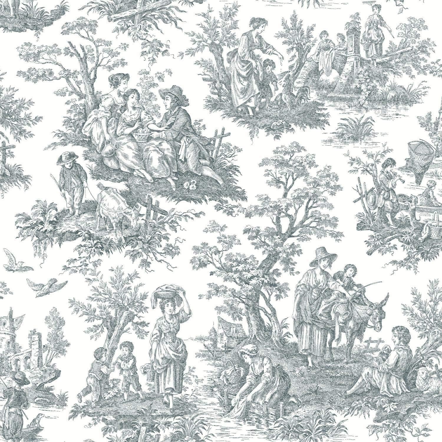 RoomMates Waverly RMK11869WP Country Life Toile Peel and Stick Wallpaper (20.5 in x 16.5 ft) – Easy Application, No Sticky Residue – Gray and White