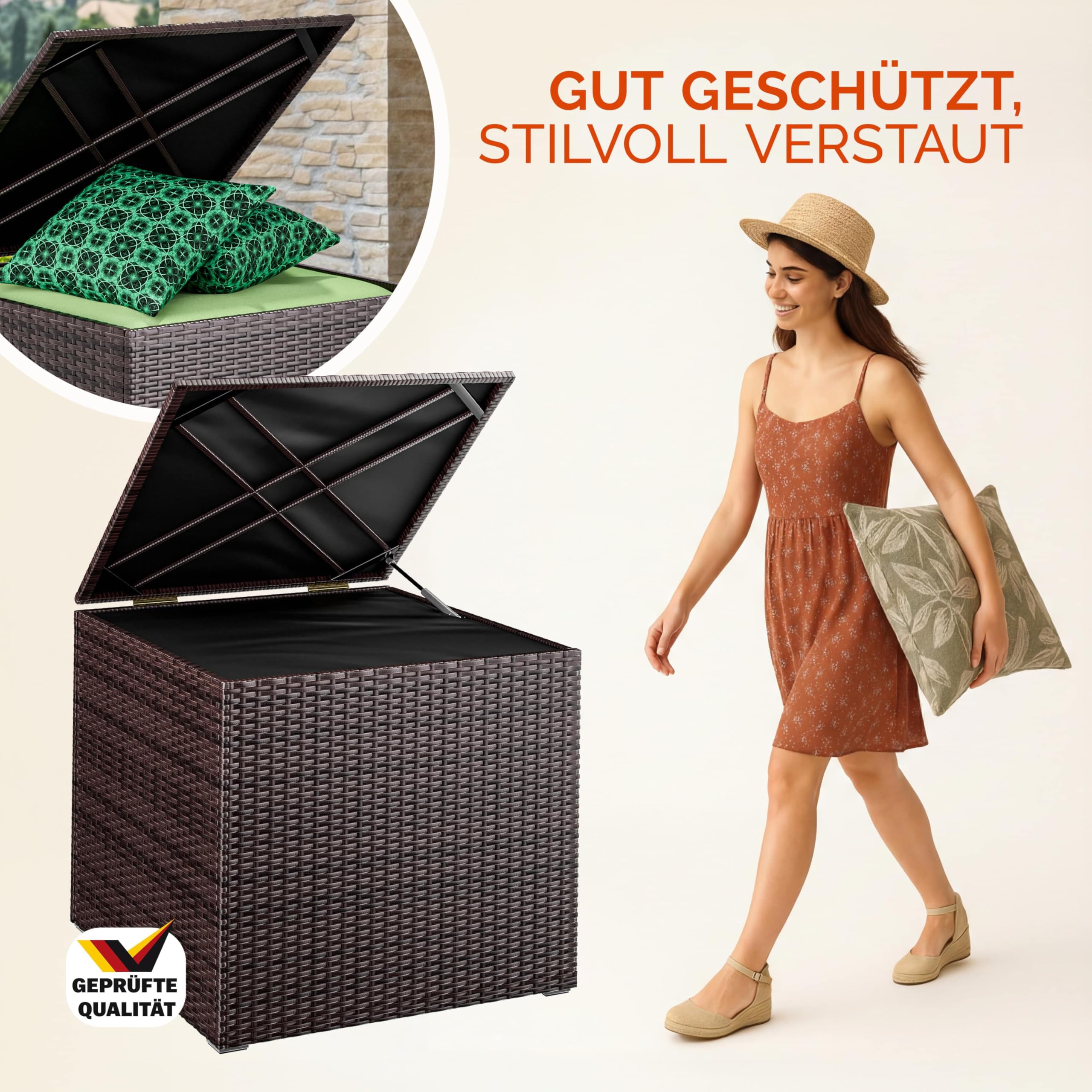 Casaria® Auflagenbox 318L Polyrattan - Wetterfeste Garten Aufbewahrungsbox für Kissen & Sitzauflagen 75x75x70cm, für Balkon, Terrasse und Garten, UV-beständig Braun