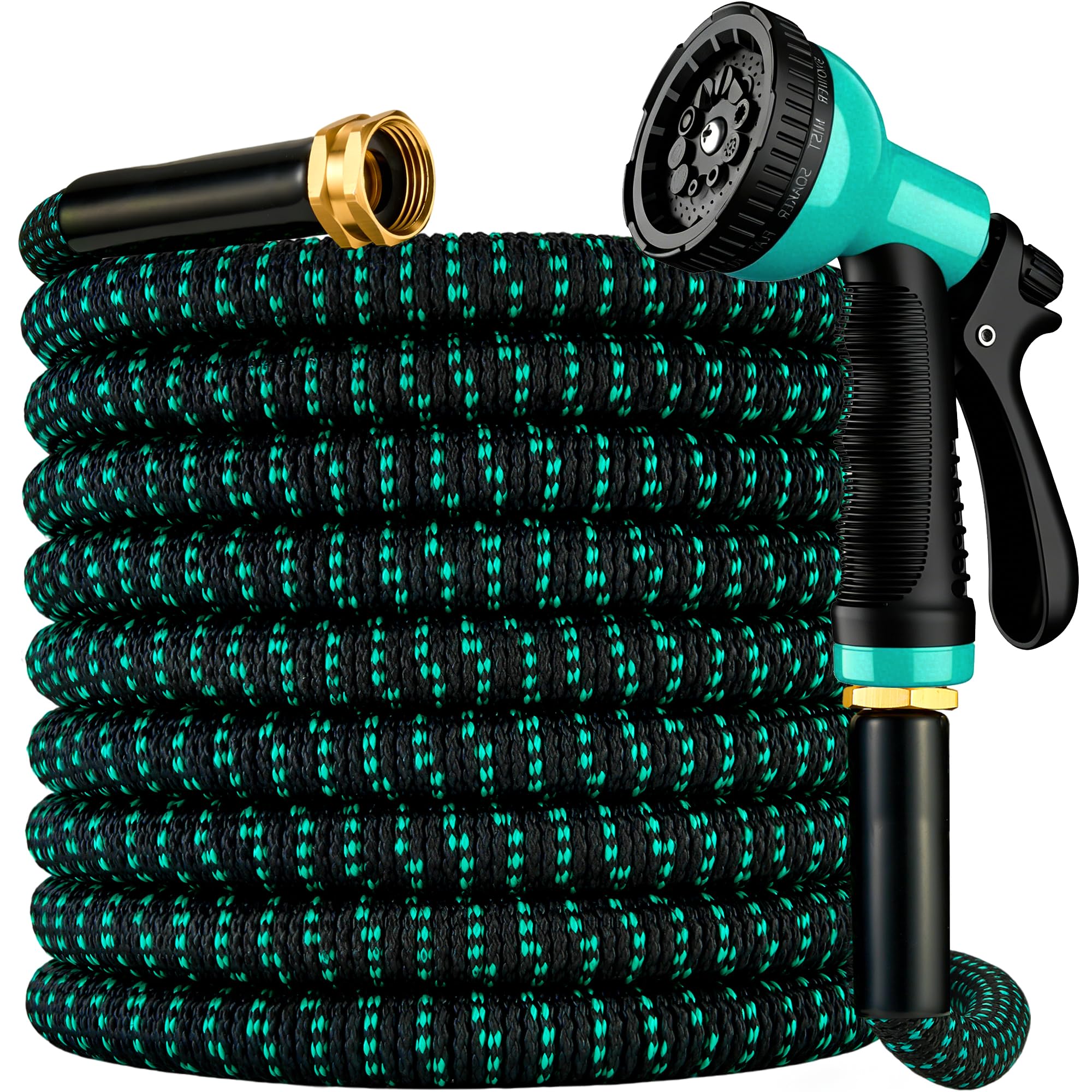Expandable Garden Hose 100 ft with 10 Function Spray Nozzle, Flexible, Kink Free, Leak-Proof, Ultra Lightweight Retractable Stretch Water Hose 100ft for Yard, Lawn, Car Wash and Outdoor (Black Cyan)