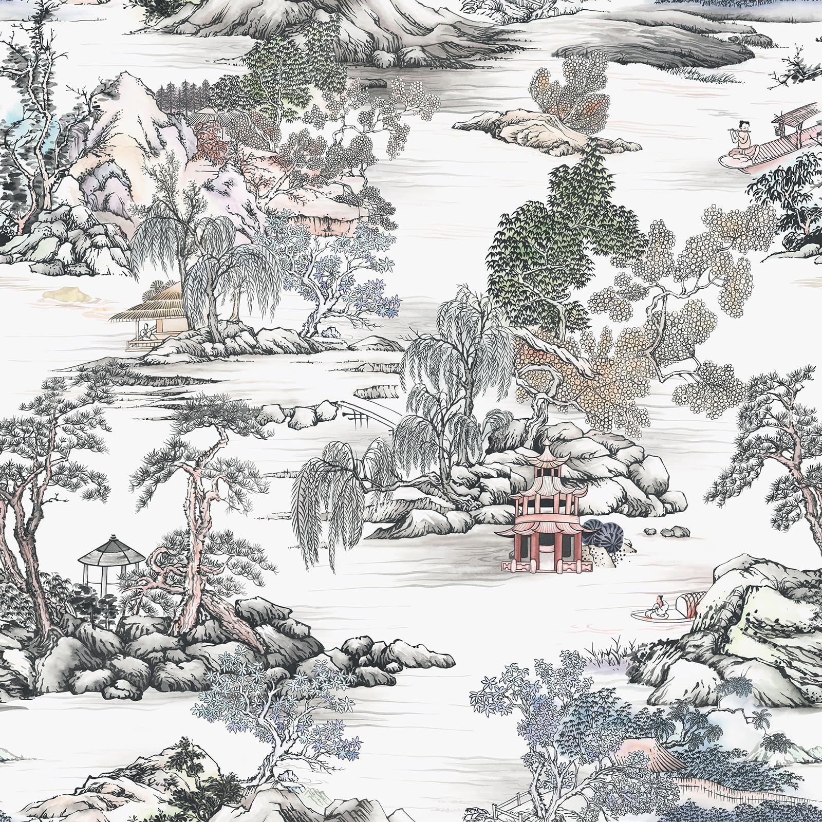 VaryStyle 17.7"x393" Antique Landscape Wallpaper Chinoiserie Peel and Stick Wallpaper Waterproof Vinyl Decorative Vintage Contact Paper Renter