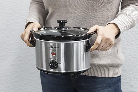 Elite Gourmet MST-275XS Electric Oval Slow Cooker, Adjustable Temp, Entrees, Sauces, Stews & Dips, Dishwasher Safe Glass Lid & Crock (2 Quart, Stainless Steel)