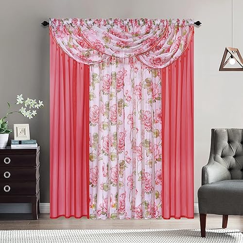Sapphire Home Cortinas traslúcidas florales, juego de 4 paneles de flores multicolor con 3 cenefas, 54 x 84 pulgadas, cortinas de gasa de privacidad