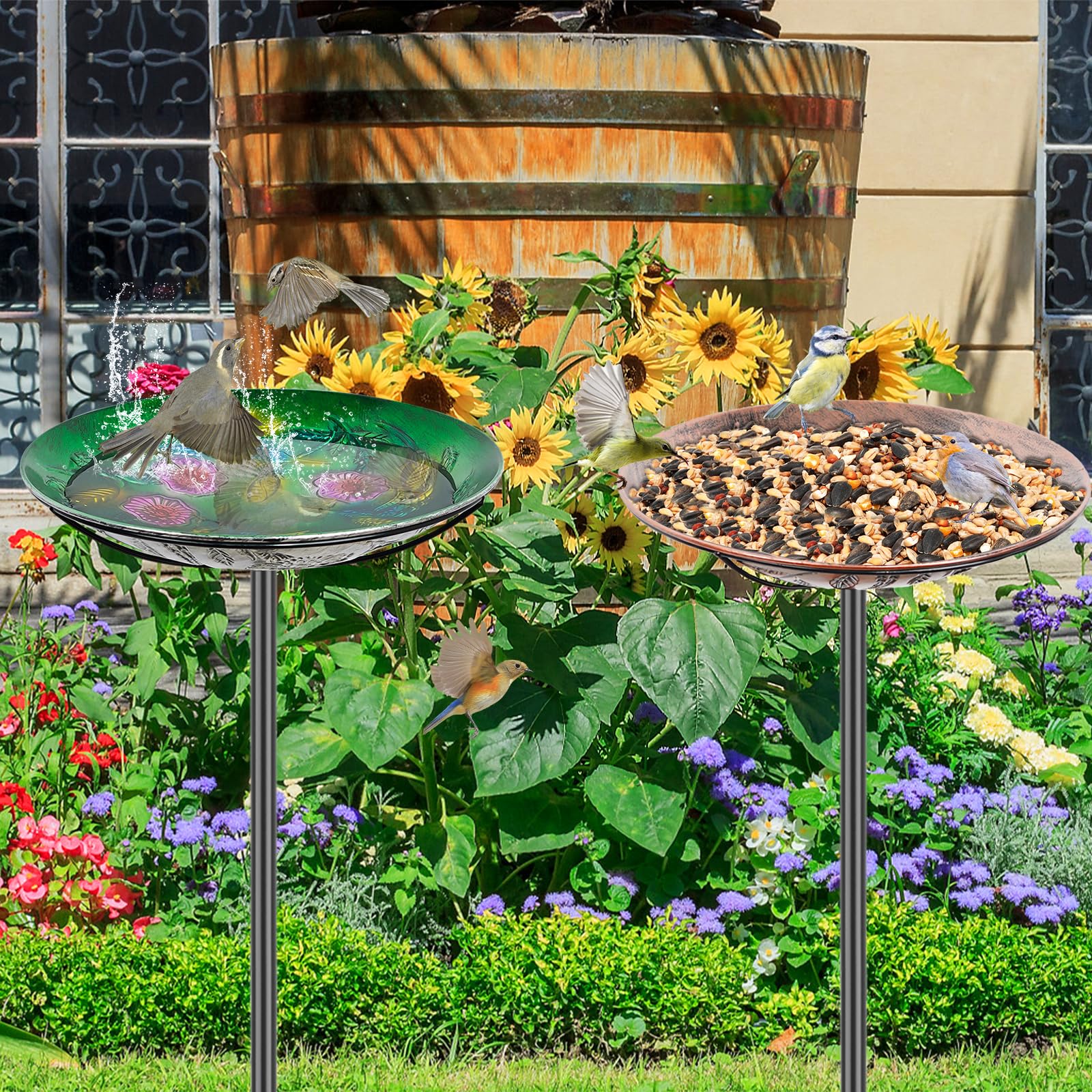Bebedero para pájaros de pie para jardín, 100 cm, resistente al invierno, con estaca, baño para pájaros, jardín, de pie, resistente a las heladas, de metal, para pájaros, cuenco, bebedero de