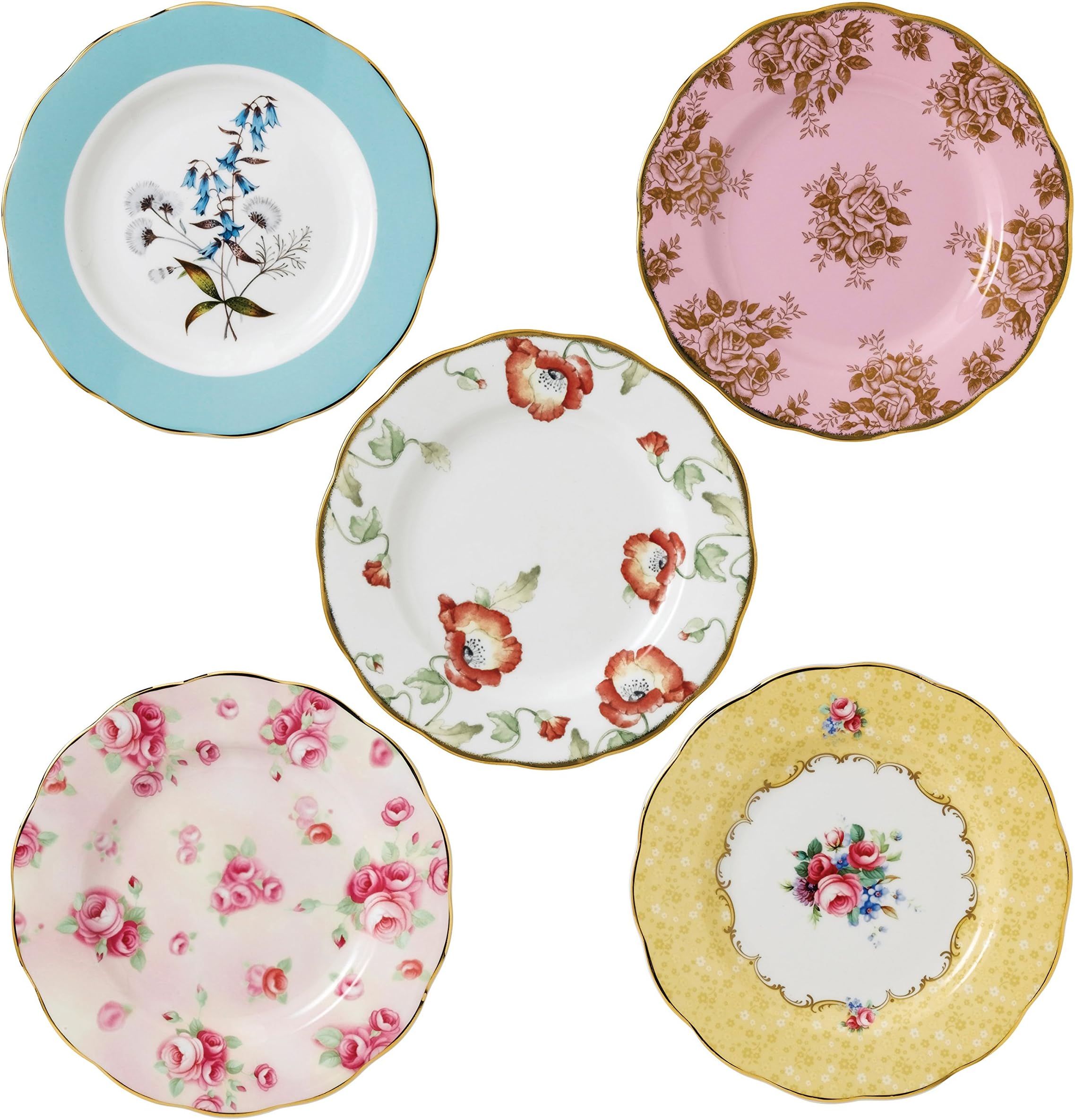 100 Years Anniversary Collection 1950-1990 5-Piece Plate Set, by Royal Albert, Mixed Patterns Multicolor Floral Print
