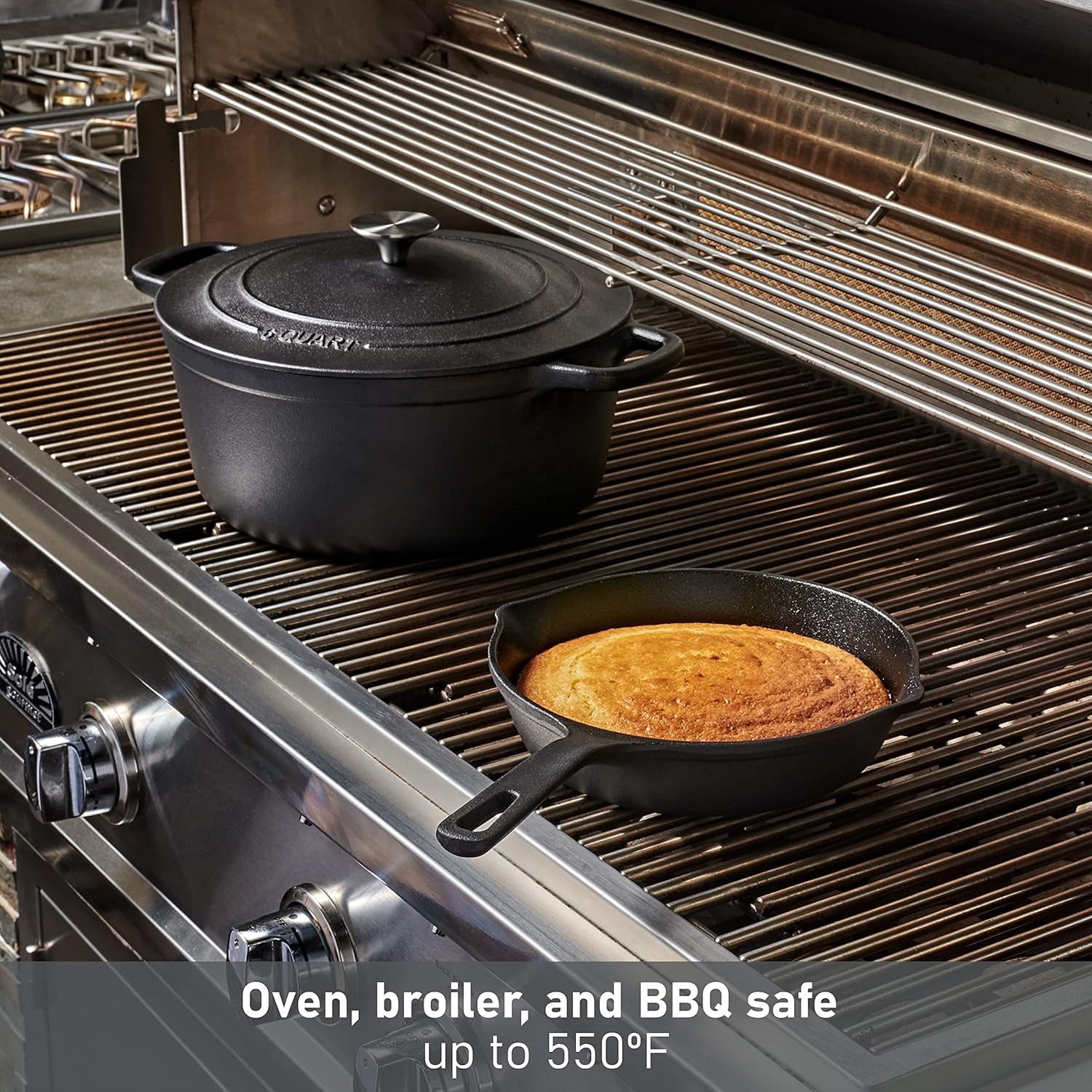 MasterPRO 8-inch Cast Iron Skillet with cornbread on a grill