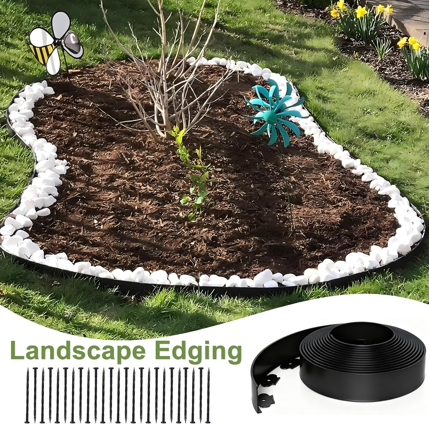 WISD Landscape Edging 2 in x 100 ft with 150 Anchor Stakes, No Dig Garden Edging Border Flexible Plastic Weather-Resistant Lawn Edging Weed Control (Black, 100FT)