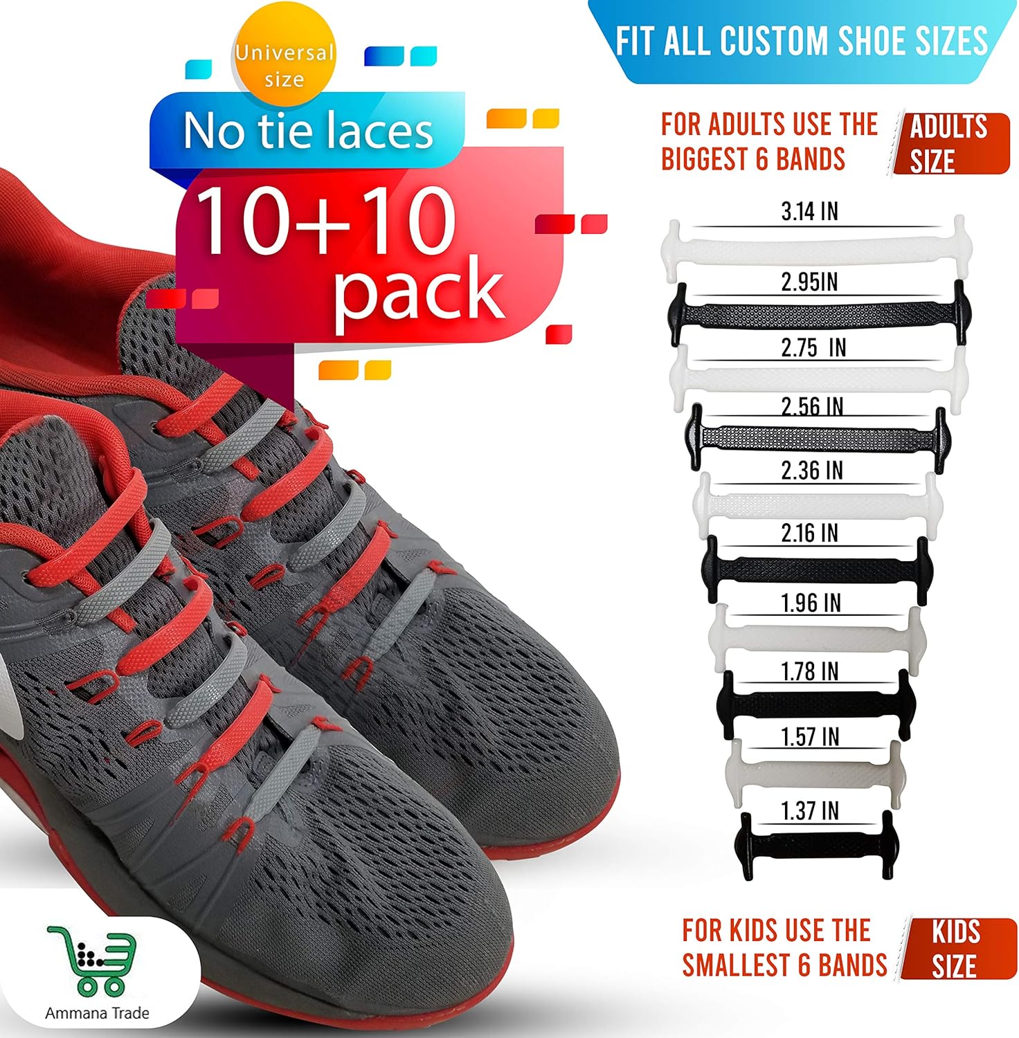 10+10 Elastic No Tie Shoelaces, Elastic Shoelaces For Sneakers, Stretch Silicone Tie less, No Tie Laces Adults, No Lace Shoelaces One Size Fits All (Red/Grey) : Sports & Outdoors