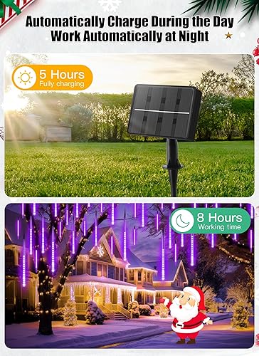 Miniatura 10 de Minetom Paquete de 2 tiras de luces de Navidad para exteriores alimentadas por energía solar, luces de lluvia de meteoritos de 6 pulgadas, 10 tubos,