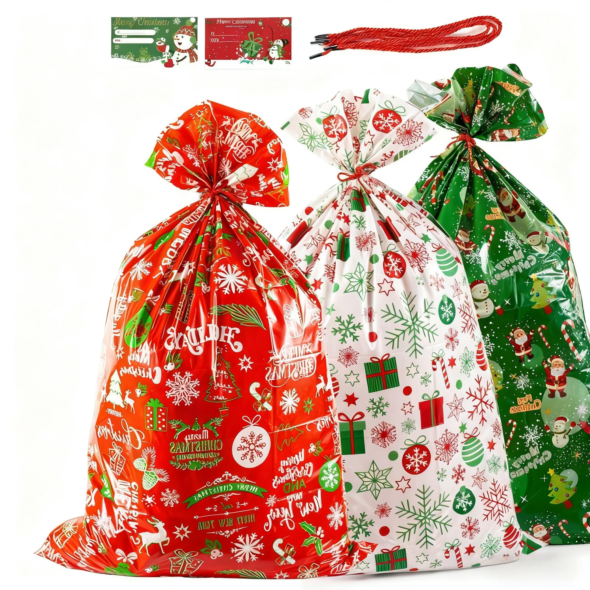 3pcs Christmas Giant Gift Bags, 36 x 56 inch Jumbo Xmas Sacks Extra Large Christmas Bags, Drawstring Red Green White Oversized Xmas Gift Bags Huge Wrapping Sacks Extra Big Toy Bags for Party Favors