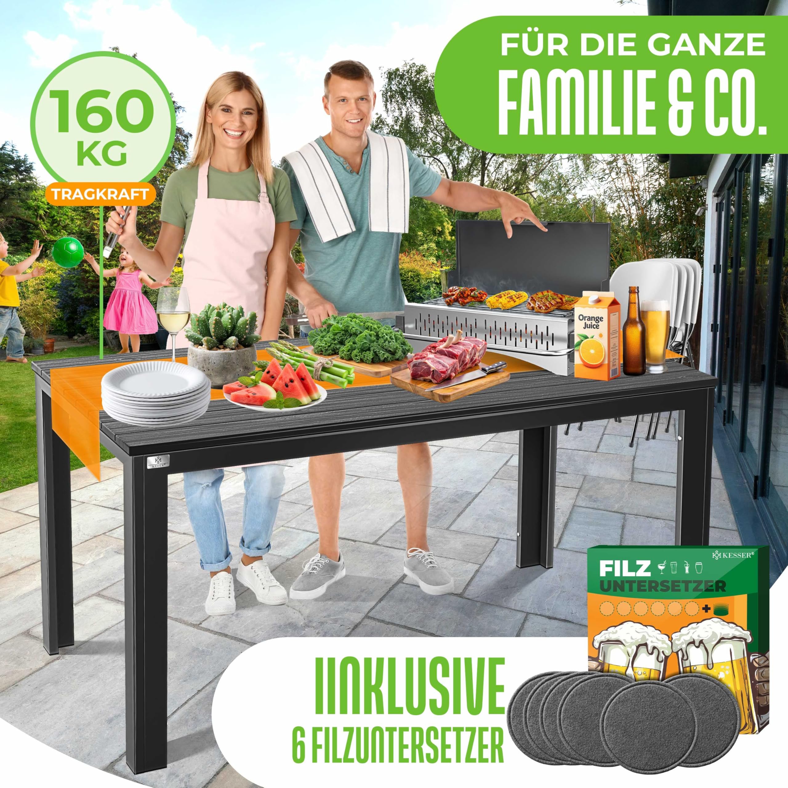 KESSER® Tavolo da giardino 156 x 78 cm, per 6 persone, resistente alle intemperie e ai raggi UV, tavolo da esterno con struttura in acciaio verniciato a polvere e piano in plastica effetto legno, con