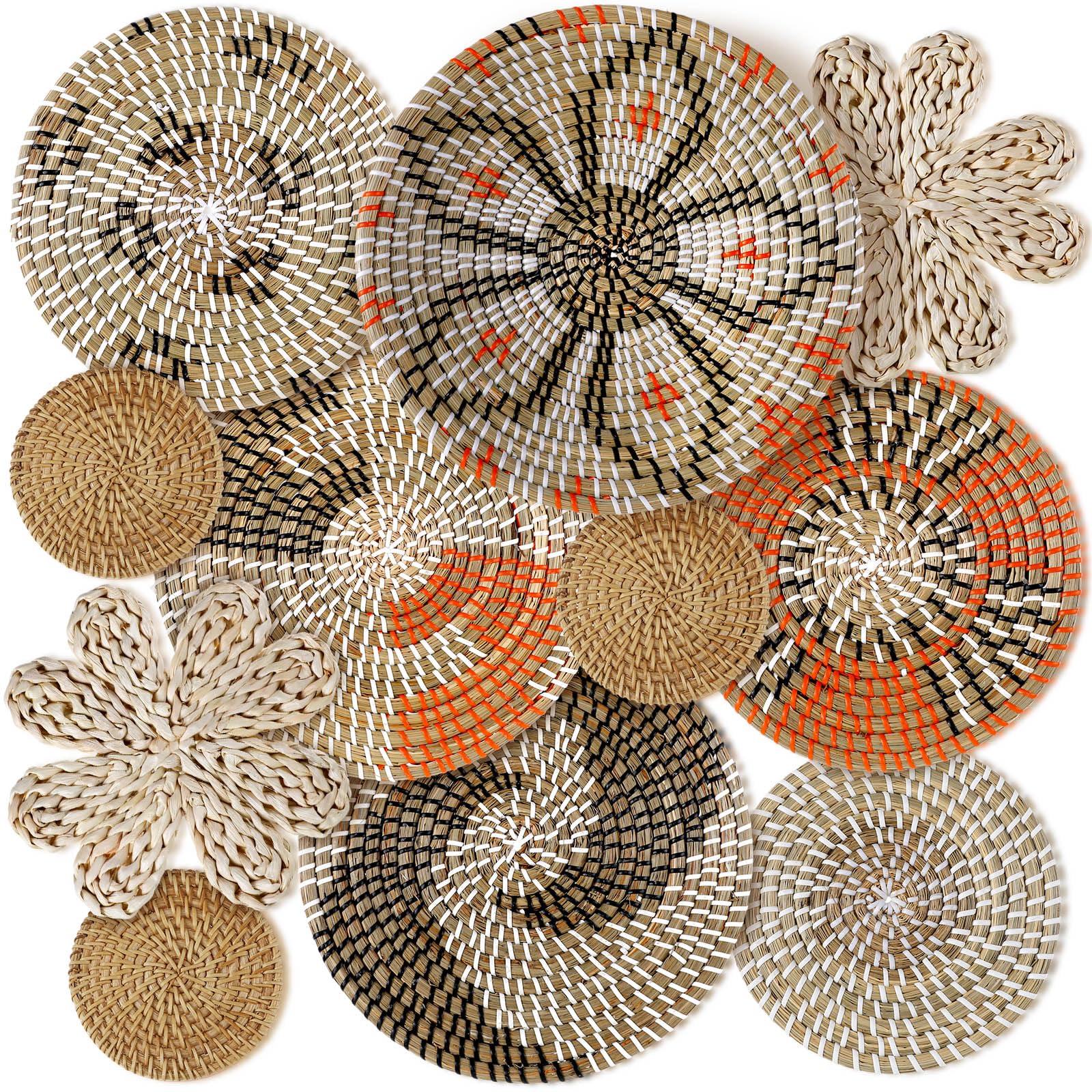 11 Pcs Boho Hanging Wall Basket Decor Handmade Woven Basket Wall Decorative Boho Wicker Baskets Placemats Round Farmhouse Bulrush Art for Rustic Home