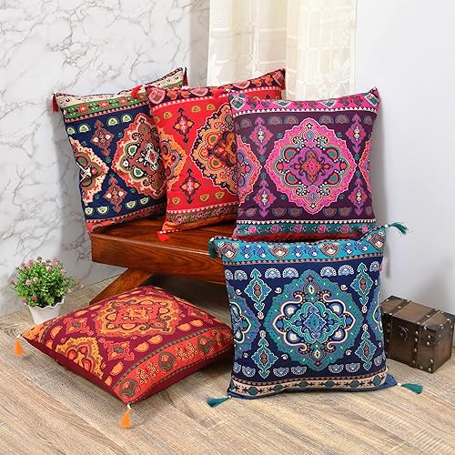 Juego de 5 fundas de almohada étnicas indias para sofá, decoración de árabe occidental, juego de 5 fundas coloridas de estilo bohemio para sofá,