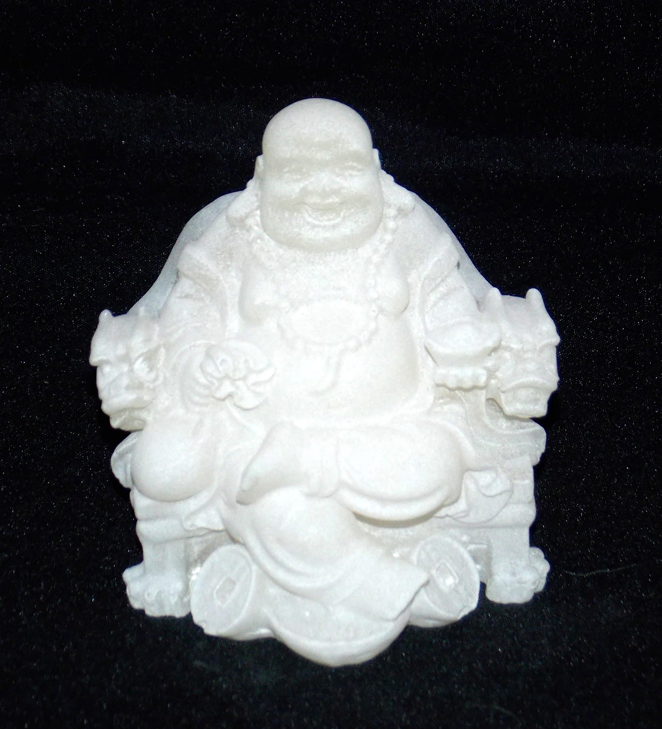 NEW COLLECTIBLE WHITE BUDDHA IN DRAGON CHAIR HOLDING COINS & INGOT FIGURE STATUE