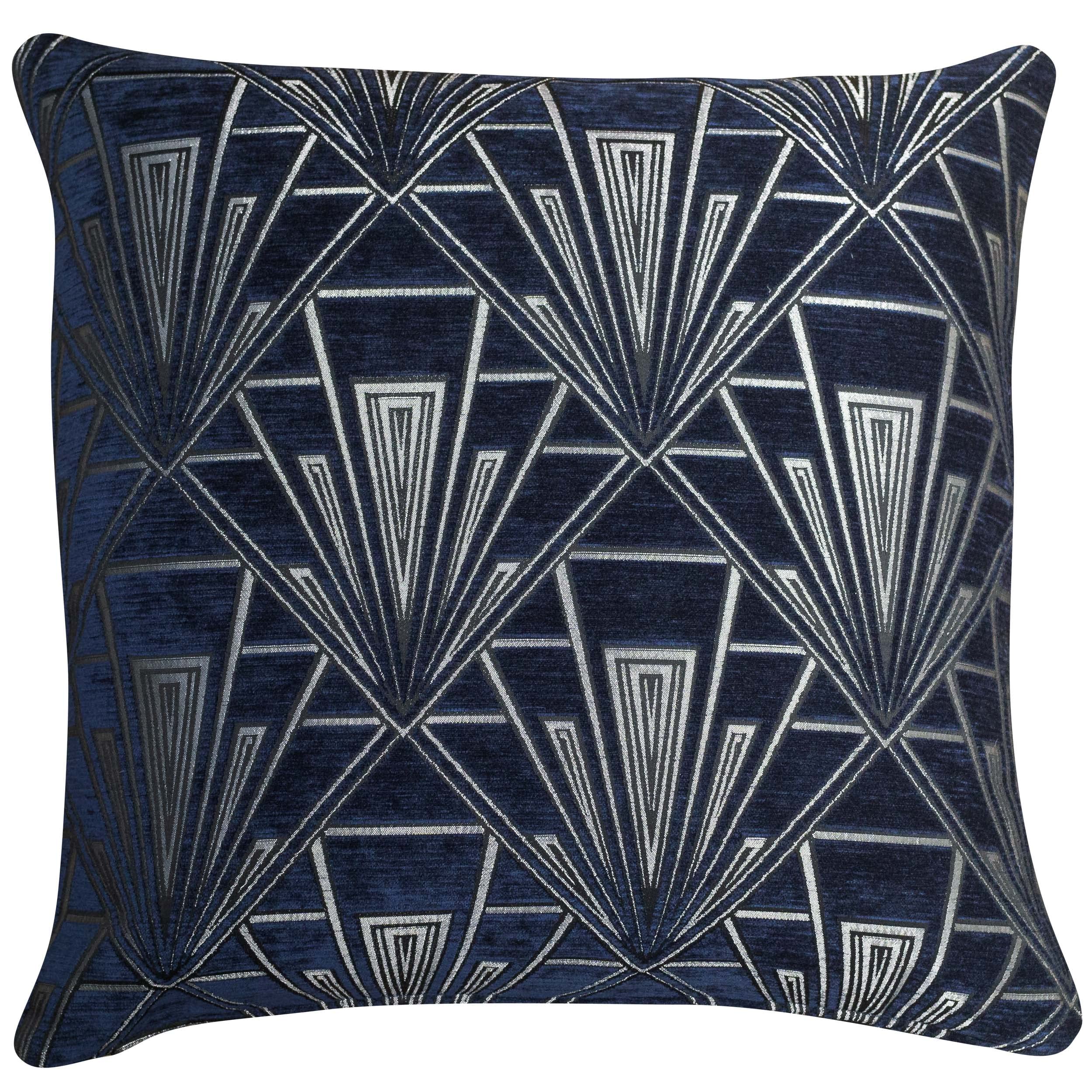 Linen Loft Art Deco Extra-Large Cushion Cover. Double Sided Luxury Velvet Chenille. Bold Navy Blue and Silver Geometric Design. 20s/30s style. 23x23 XL Cover Only