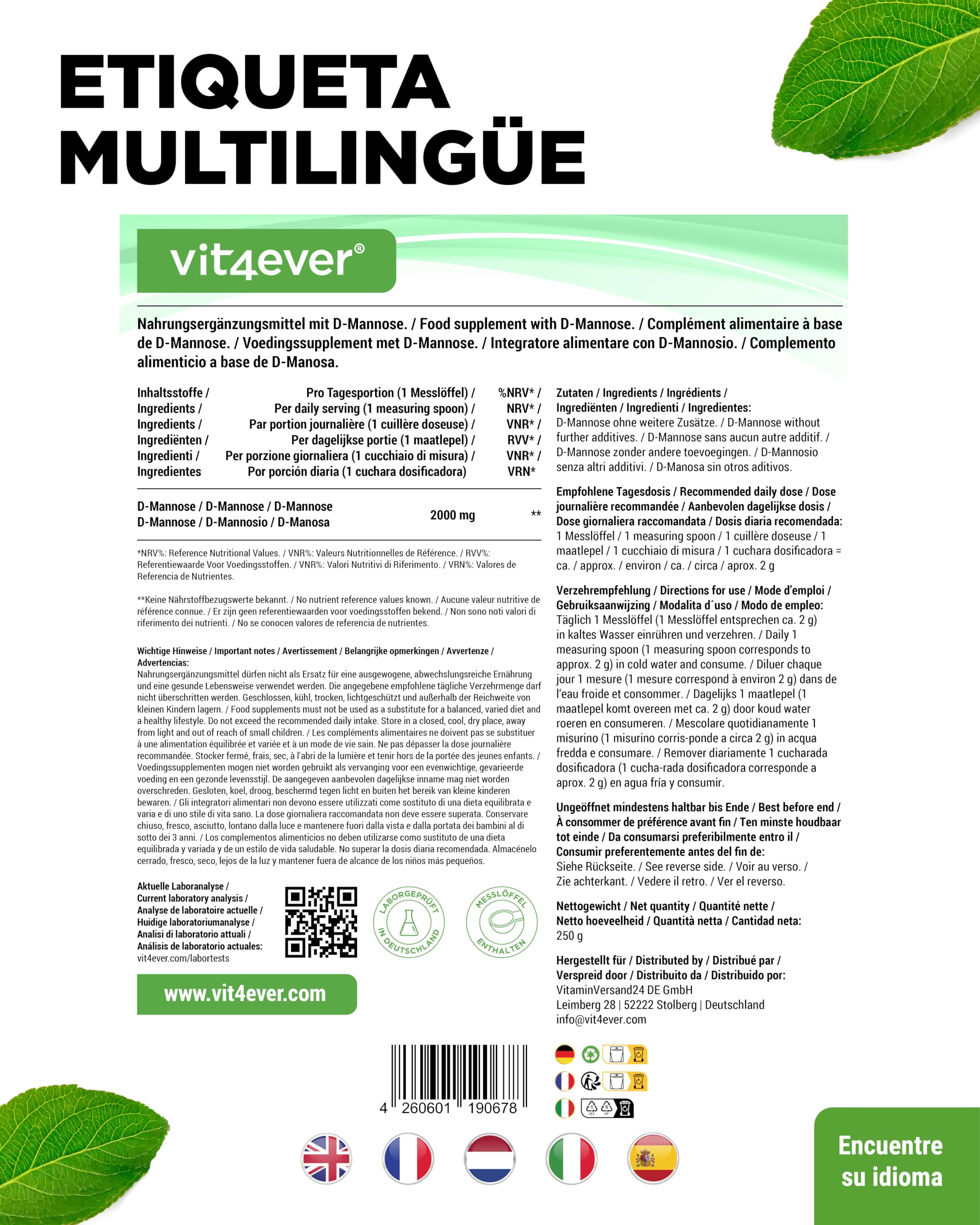 D-Manosa en polvo - 250 g - (suministro para 4,1 meses) - De fermentación vegetal - Puro y natural - Sin aditivos - Vegano