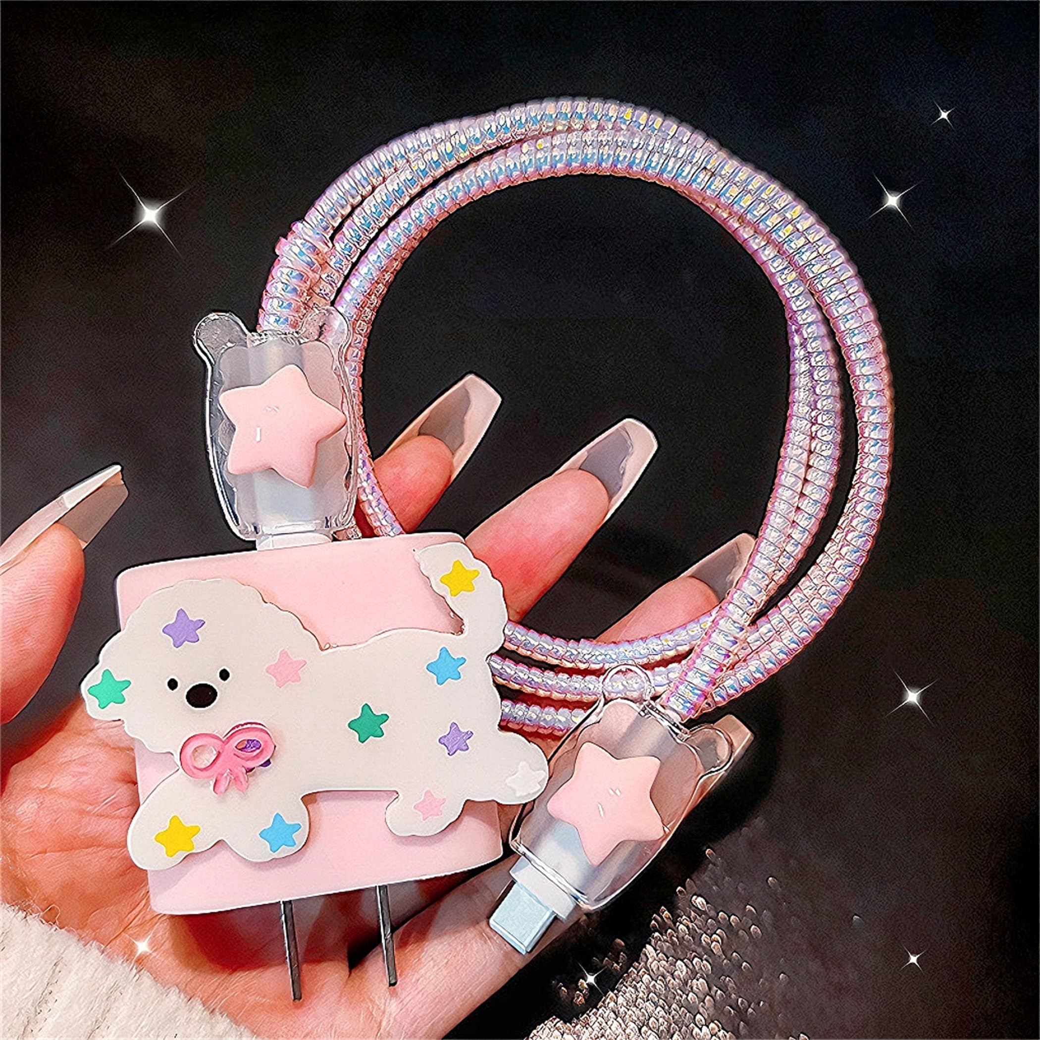 Cute Cable Protector for iPhone Charger Cover,Kawaii 3D Dog Design with Pink Star Decoration for iPad Charger Cover,DIY Charging Cord Protector Soft Data Line Cable USB Wire Saver Charger Protector