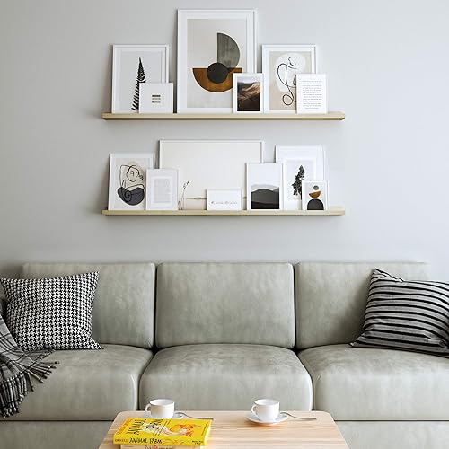 Miniatura 2 de Wallniture Denver - Estantes flotantes de 48 pulgadas para decoración de pared, juego de 2 estantes estrechos de madera de pino natural