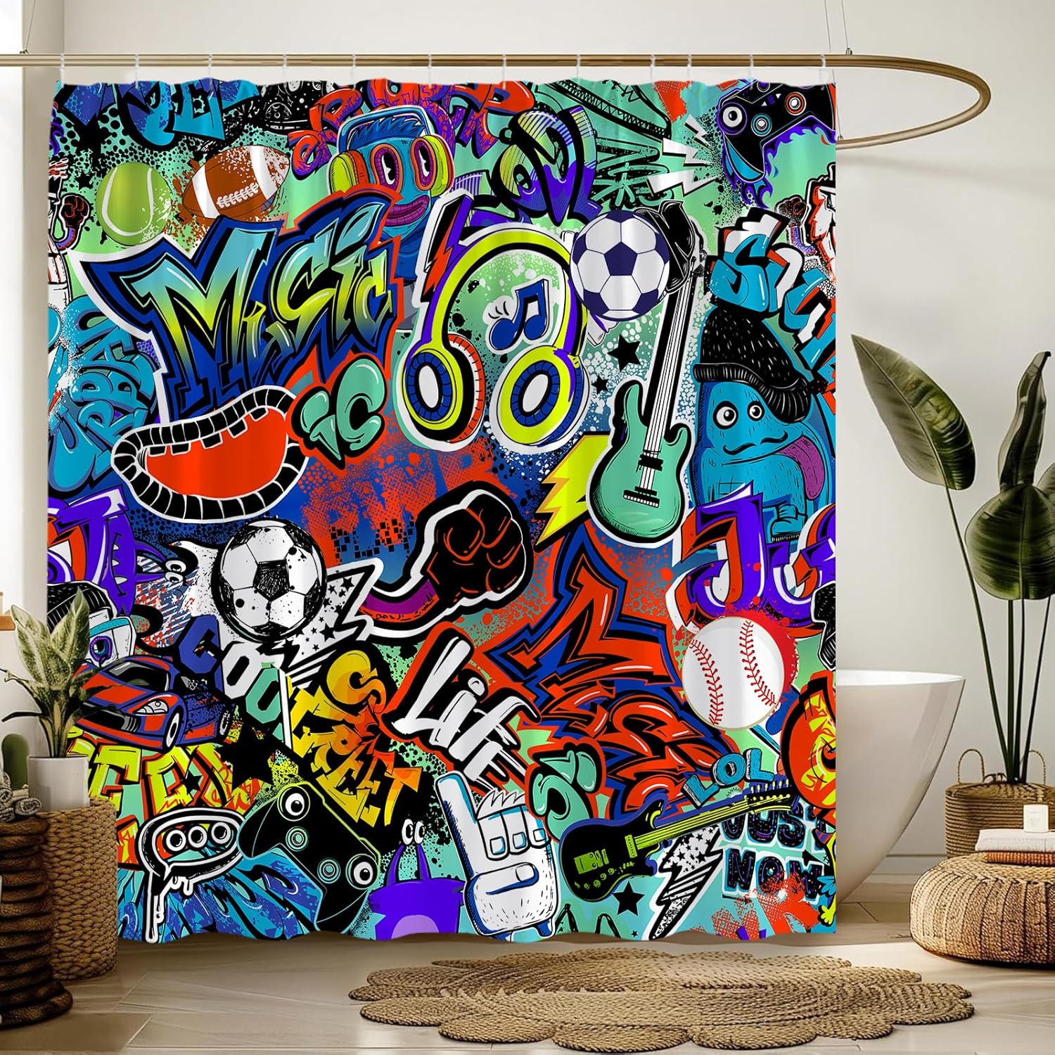 Colorful Graffiti Shower Curtain Modern Abstract Hiphop Youth Music Musical Street Spray Art Bathroom Fabric Decor Curtain with Hooks