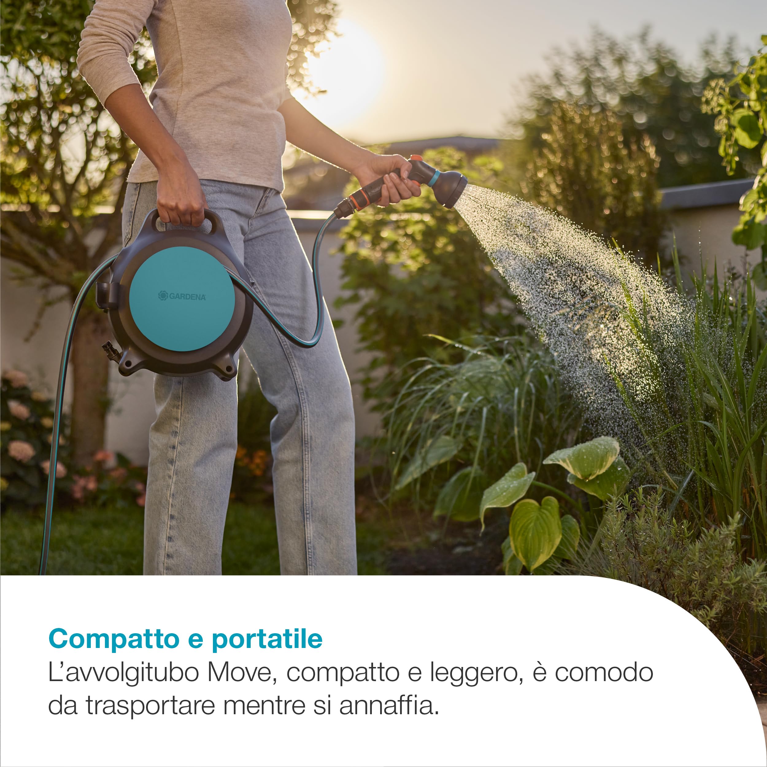 Gardena Avvolgitubo Portatile Move Avvolgitubo: Compatto e facile da trasportare, Riavvolgimento del tubo comodo, Salvaspazio, Perfetto per balconi, terrazze e utilizzo fuori casa (18692-20)
