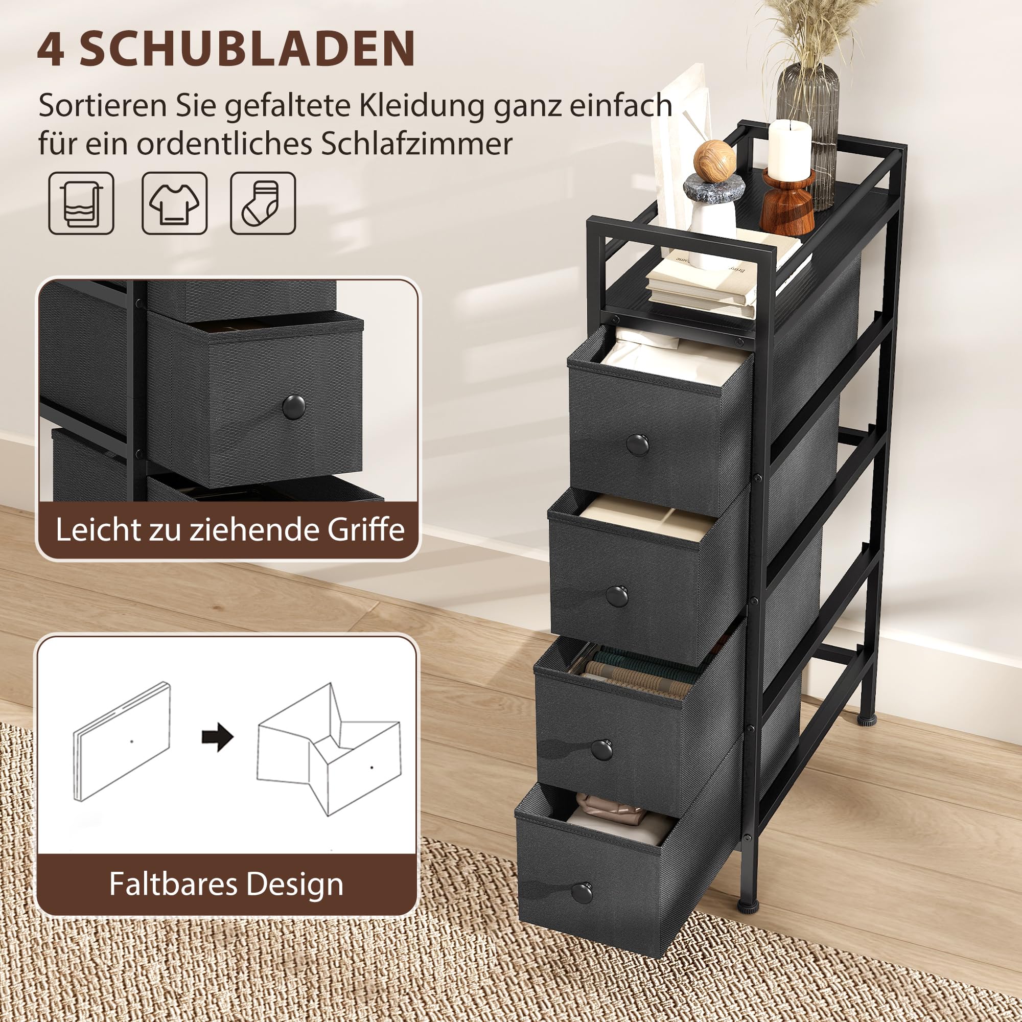 HOMCOM Kommode Schrank mit 4 Schubladen Schmal mit Stahlrahmen Schwarz