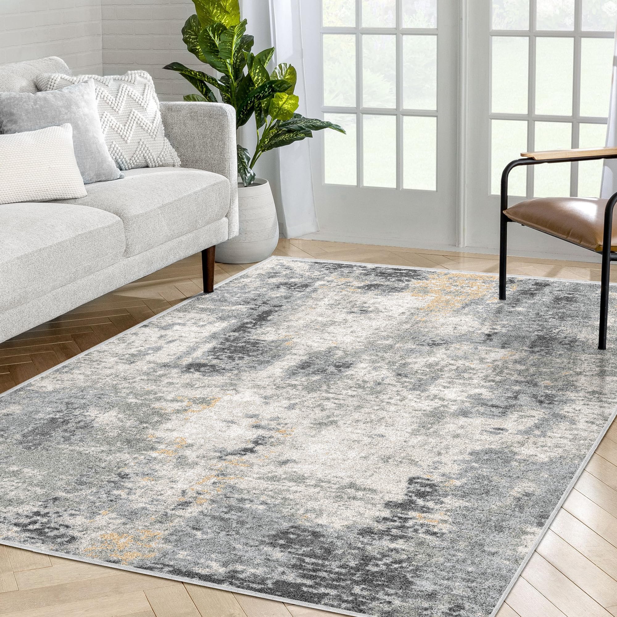 Modern Abstract Area Rug 4x6, Machine Washable Rug, 4 x 6 Rugs for Living Room, Dining Room, Office, Kitchen, Non-Slip Bedroom Rug, Grey/Gold