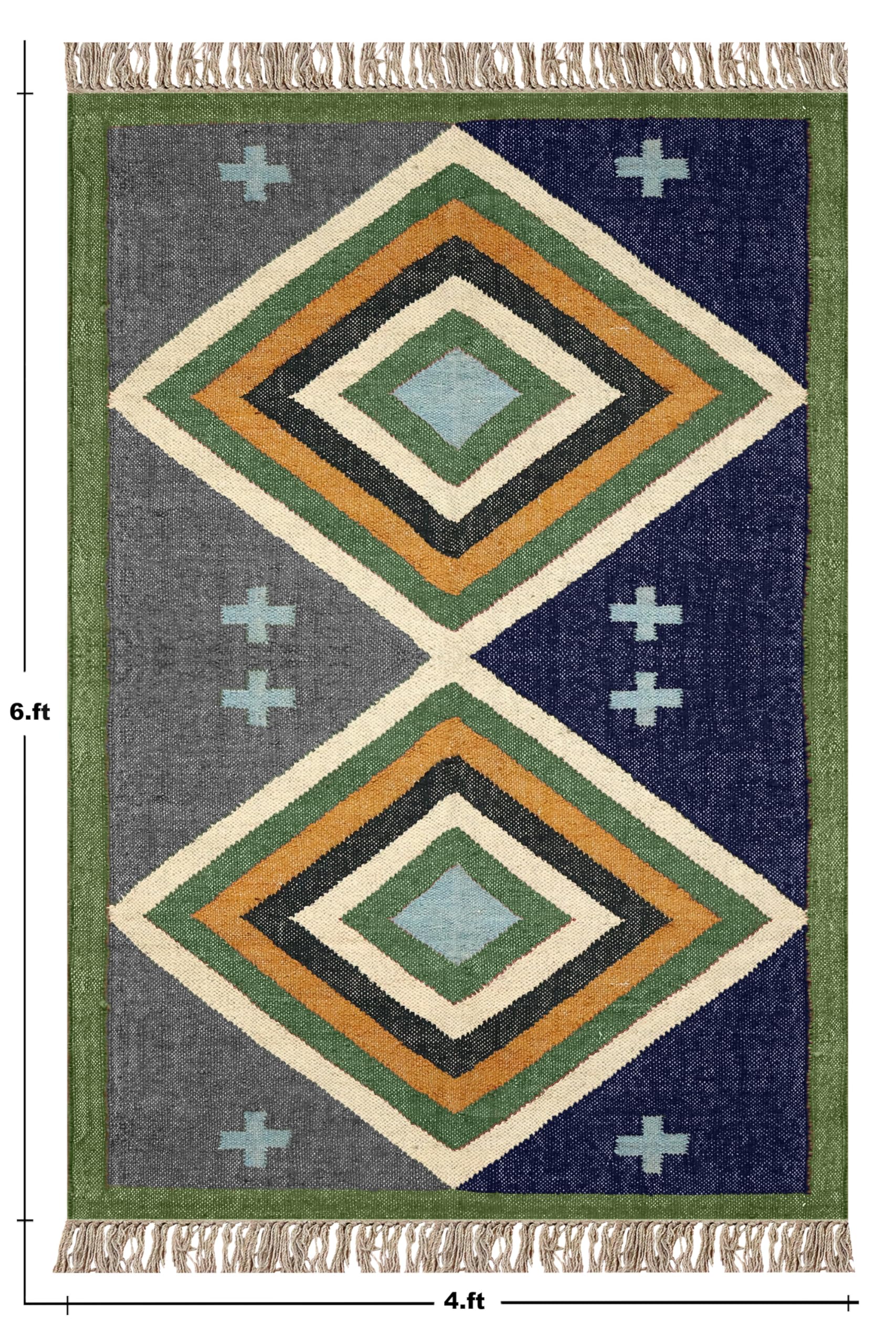 Tappeto quadrato reversibile per 1,5 m, reversibile, in lana, iuta, design geometrico, verde e blu, tappeto intrecciato a mano, spessore 0,5 cm, tappeto per interni ed esterni, per corridoio, sala da