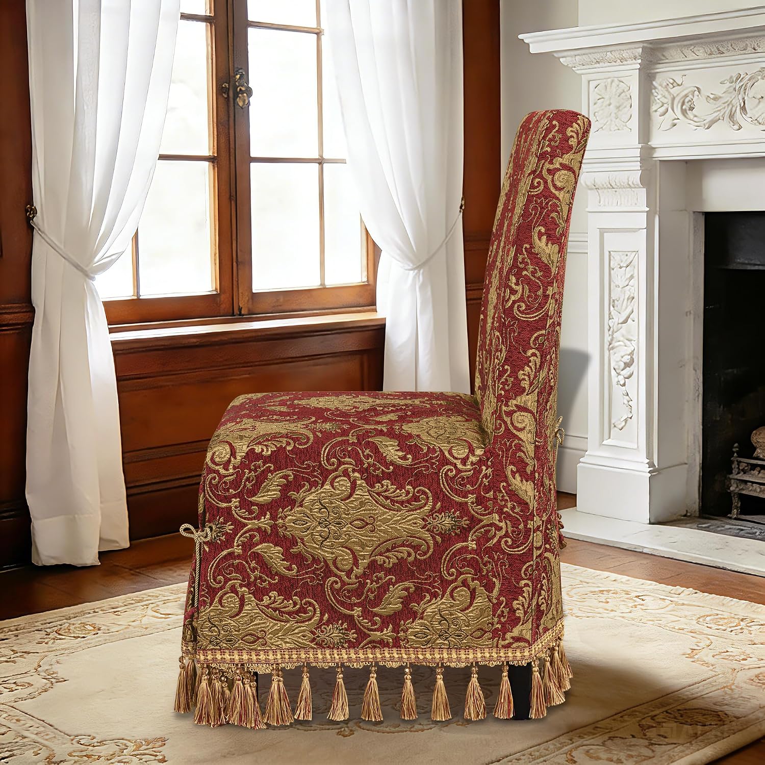 Loom and Mill 1 Piece Luxury Damask Jacquard Dining Chair Cover, Red