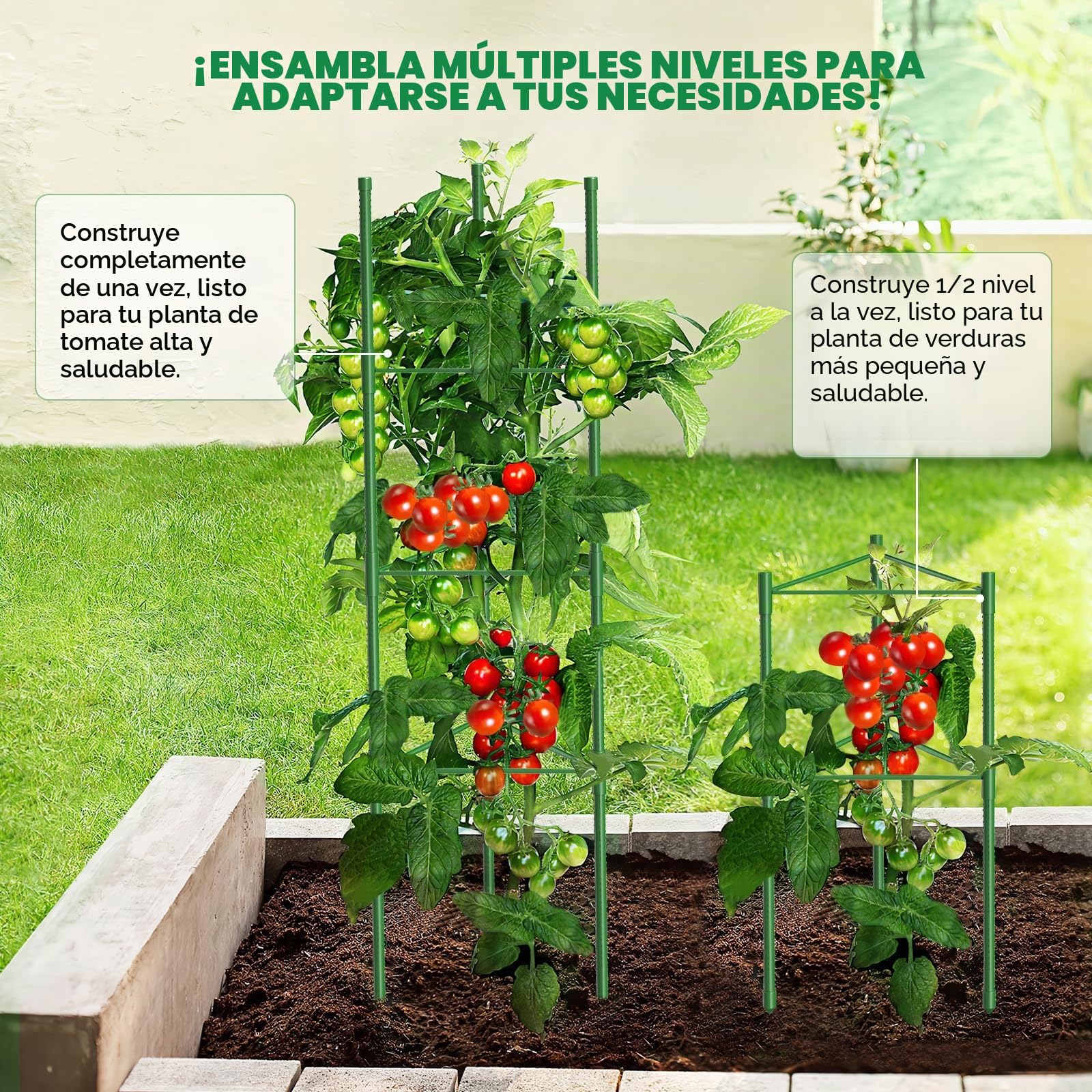 MQUPIN Tomates, soporte para plantas, 3 piezas, 130 cm, altura ajustable, jardín, pepinos, rosas, enrejado, con 20 bridas