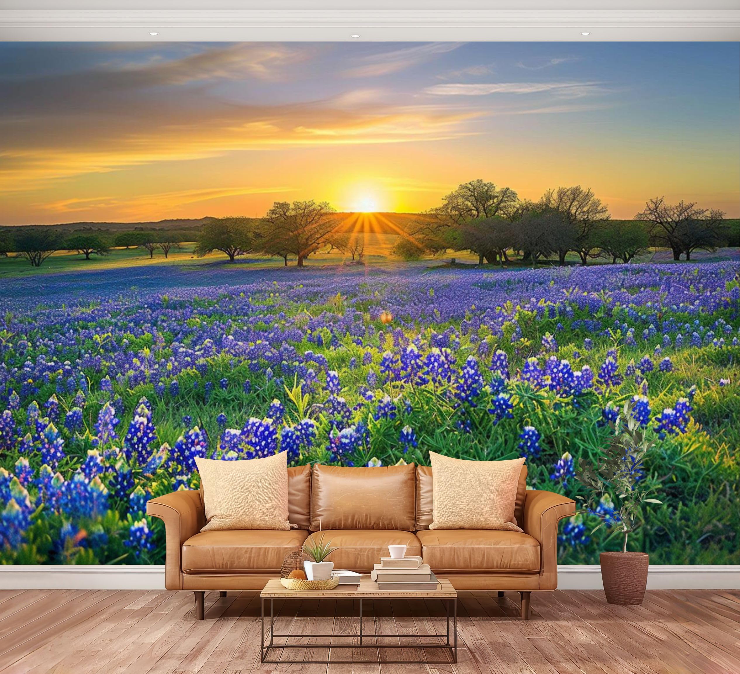 Wall Mural Peel and Stick Texas Bluebonnet Field Sunrise Large Wallpaper Self Adhesive Contact Paper Removable 3D Wall Sticker for Living Room Bedroom