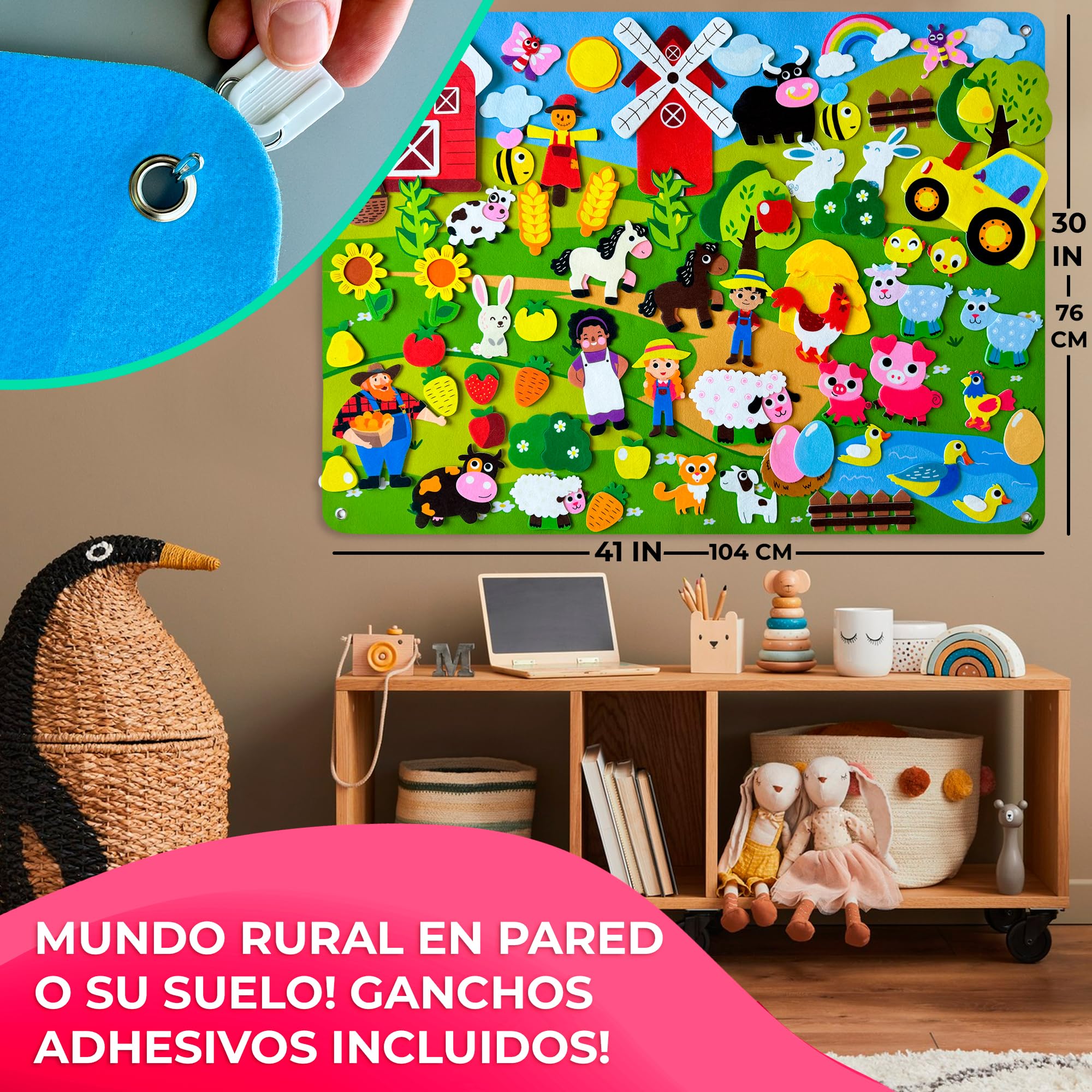 QUOKKA Tablero Animales Fieltro para Niños 3 4 5 Años - 104x76 cm Pizarra de Fieltro con 70 Piezas Animales de Granja Infantiles 1 2 Años - Juegos Educativos para Niños y Niñas