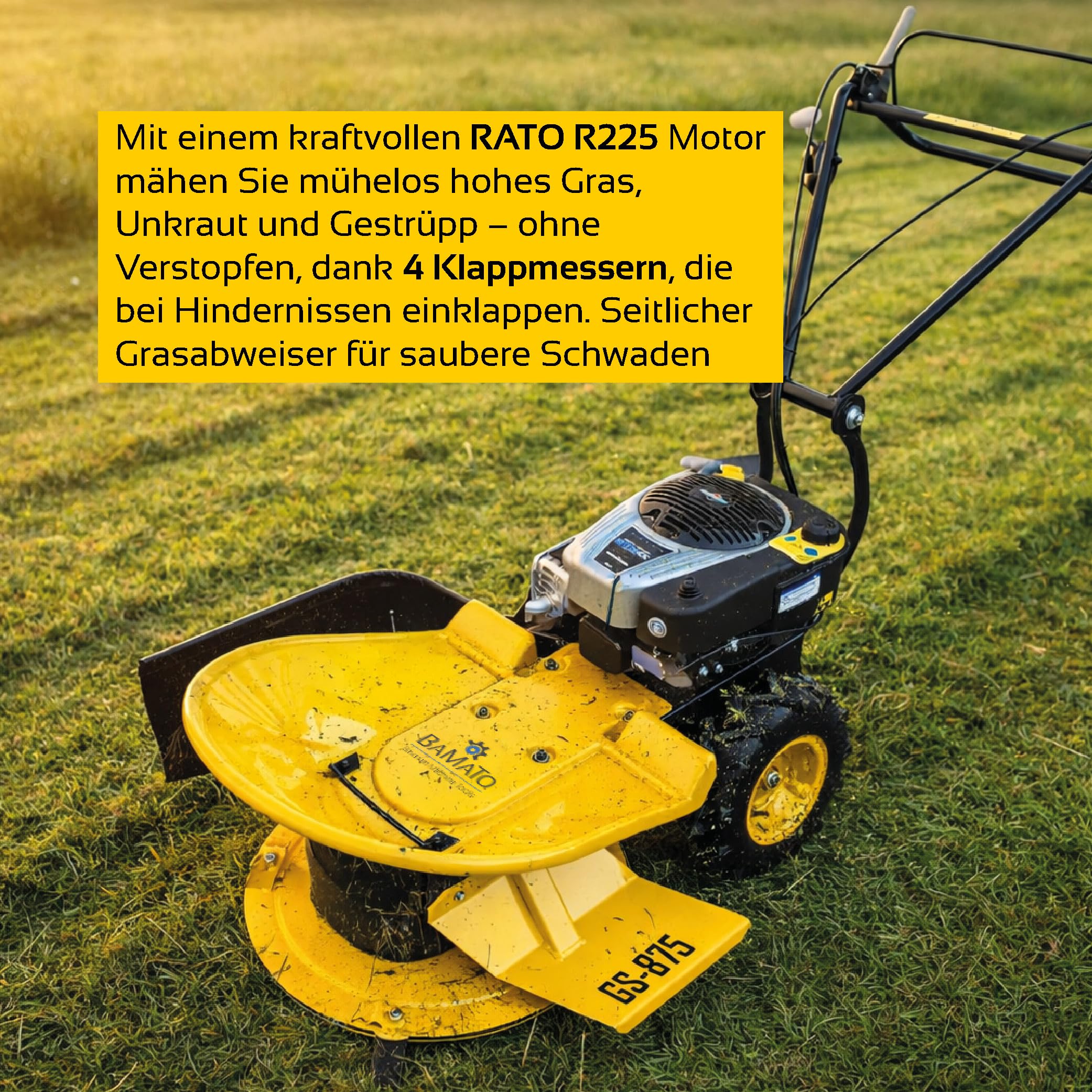 BAMATO Kreiselmäher GS-875 Hochgrasschneider Wiesenmäher 640mm | Kraftvoller RATO Motor & 640mm Schnittbreite | 4 Klingen | Robuste Ackerstollen-Luftbereifung
