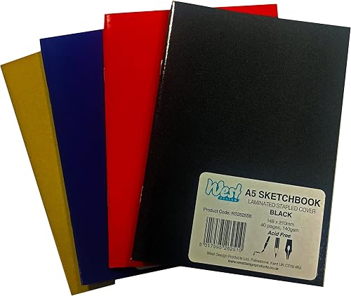 West - A4 Sketchbook - Assorted Colours - Pack of 5 - A4 Sketchbook, Ideal for School Supplies - Art Book in 5 Pack - Pencil & Watercolour Sketchbook - 40 Pages of Acid Free Drawing Paper