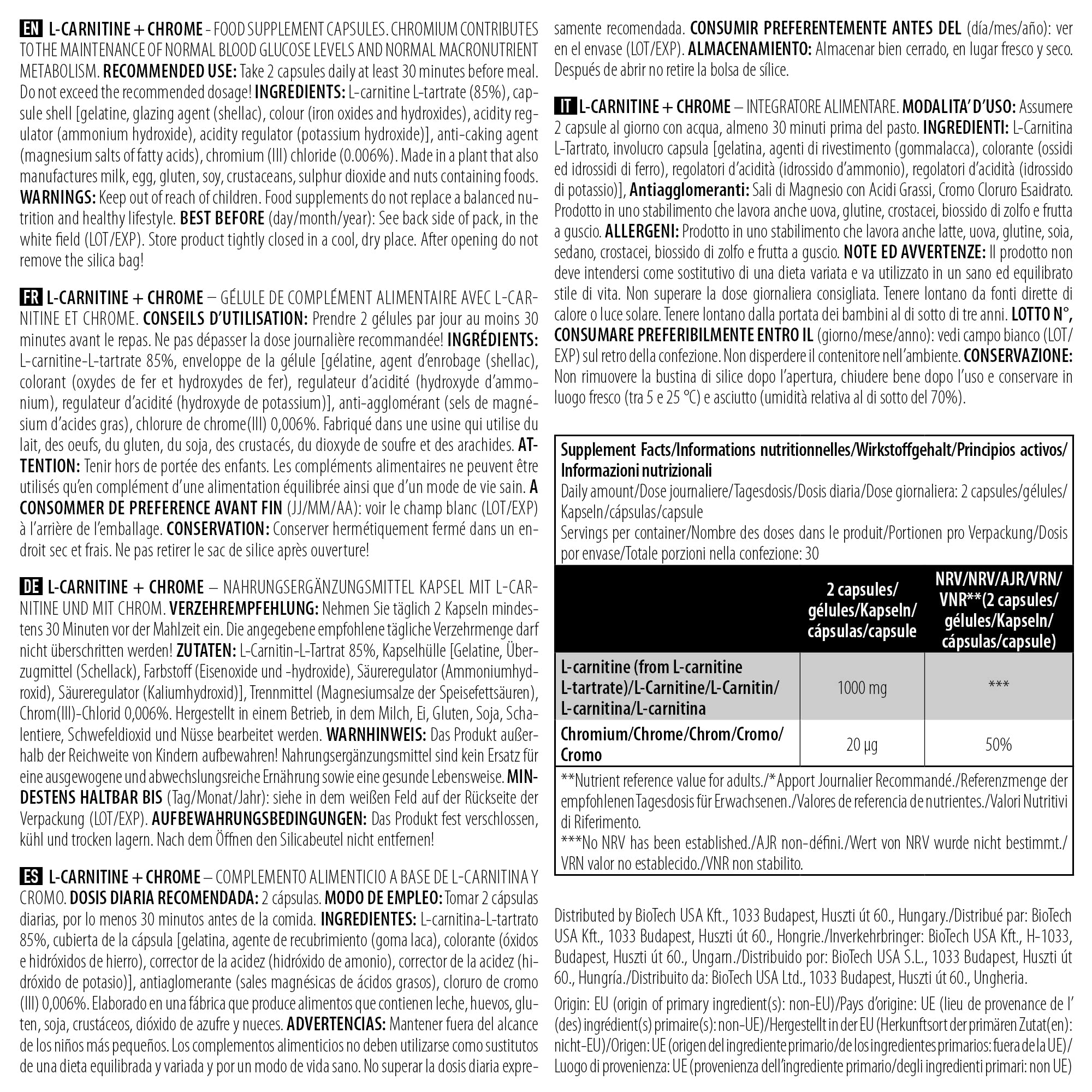 BioTechUSA L-Carnitina + Cromo | Formula per il controllo del peso | Senza stimolanti | 1470 mg di L-Carnitina L-tartrato per dose, 60 capsule