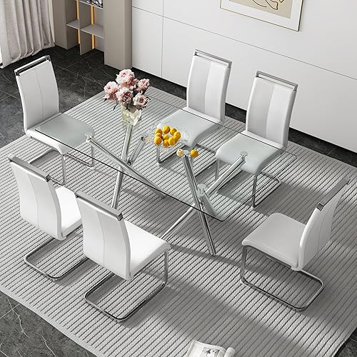 Miniatura 13 de Juego de 6 mesas de comedor de cristal, moderno juego de mesa de comedor de 71 pulgadas con 6 sillas de comedor tapizadas de piel sintética para