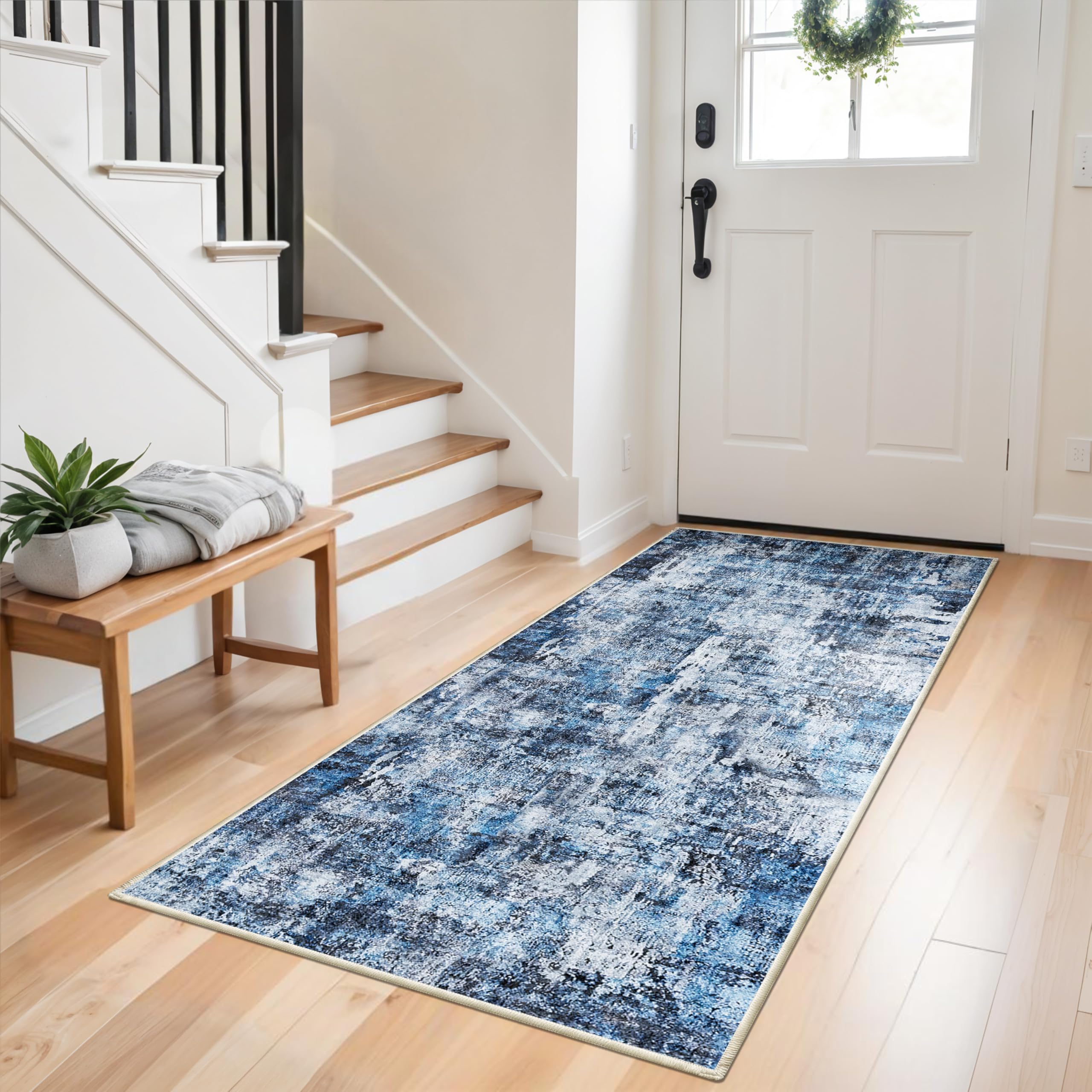 3x6 Washable Wide Runner Rug – Non-Slip Floor Carpet Runner for Kitchen Entryway Hallway Bathroom, Modern Abstract Low Pile Thin Area Rug (Blue) — image 1