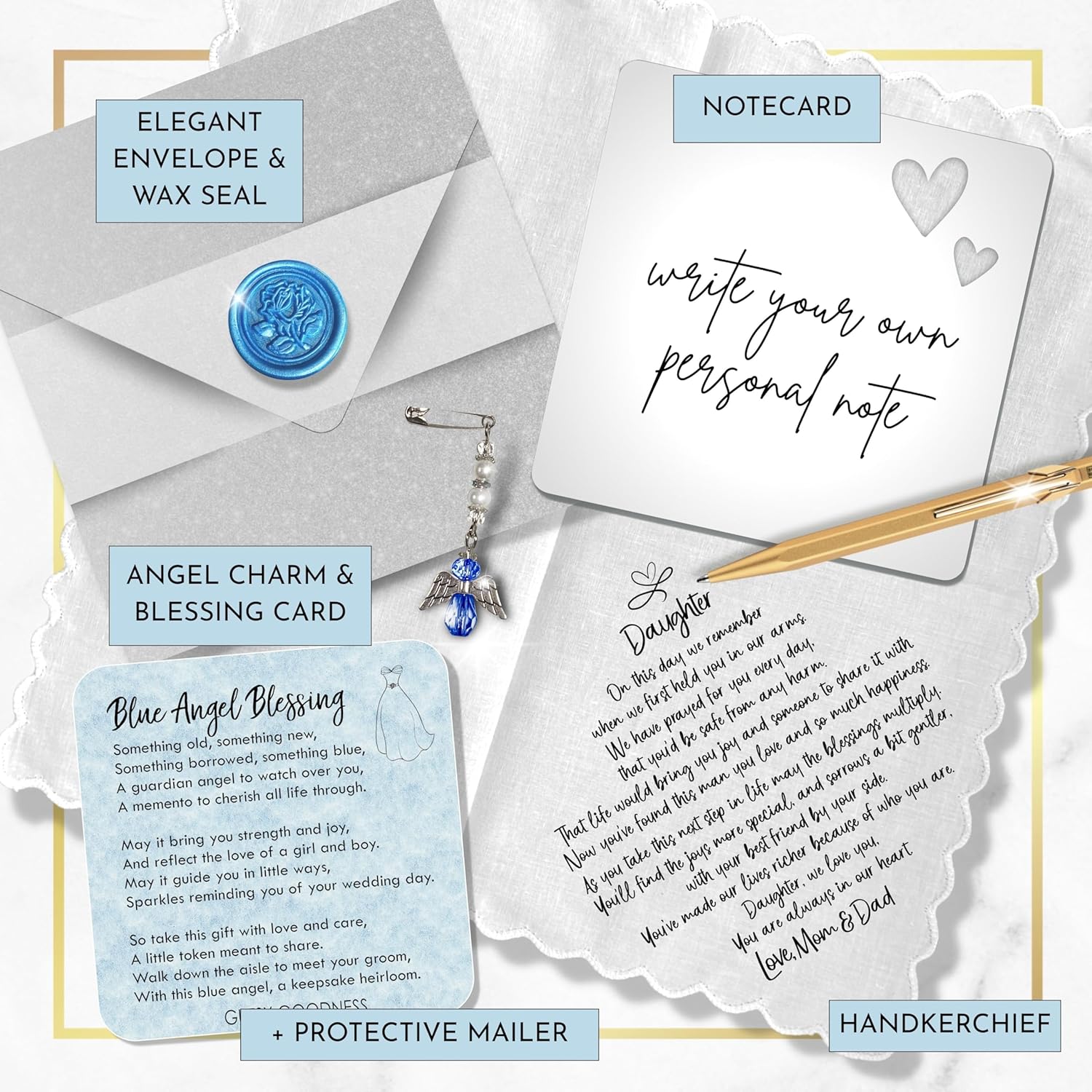 Bride Handkerchief From Mom and Dad Wedding Day Poem | Something Blue Angel Charm & Gift Card Love Parents Mother and Father - Image 2
