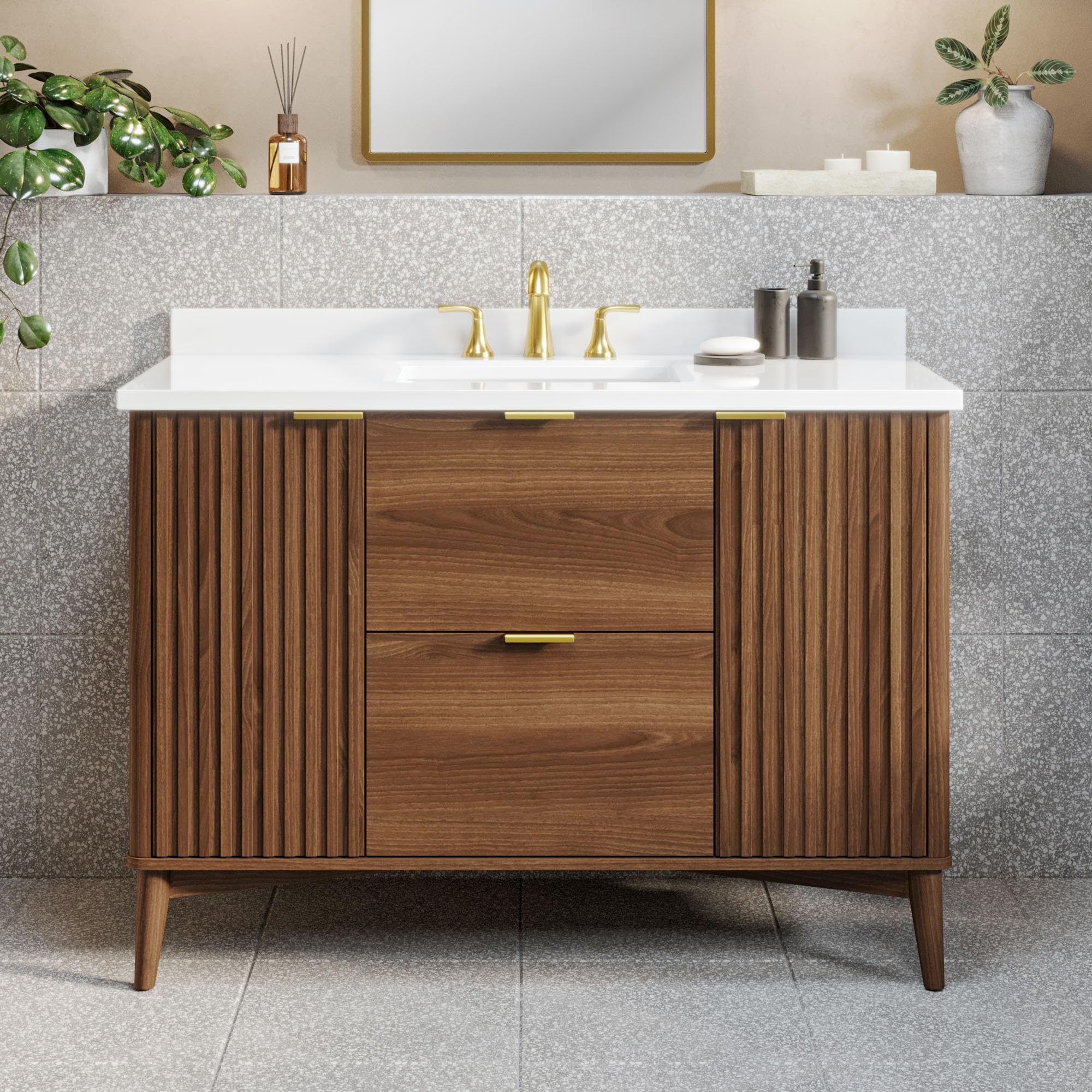 OVE Decors Indy 48 inch single sink bathroom vanity in walnut with fluted door fronts