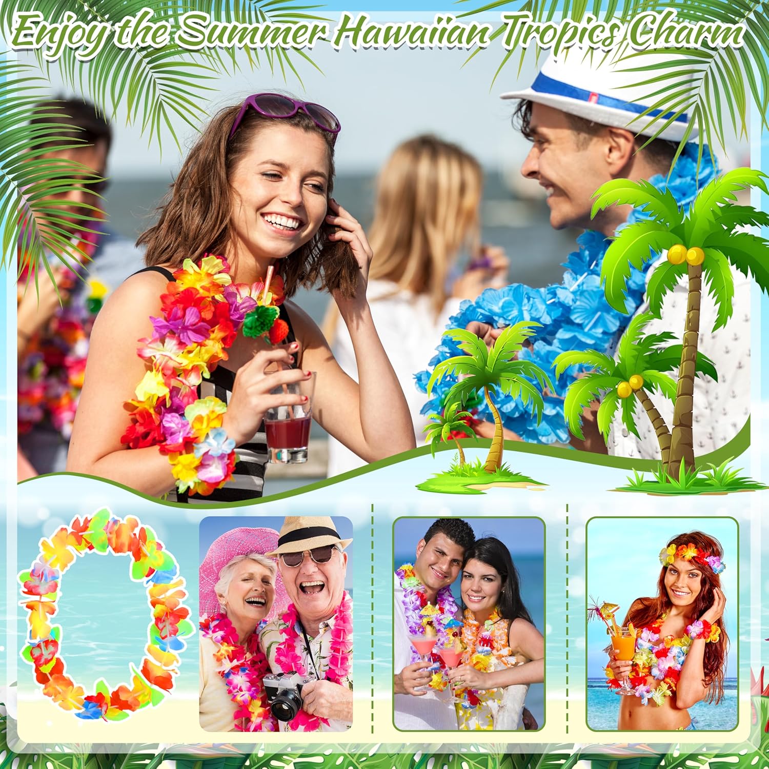 120 Packs Hawaiian Luau Leis Bulk Tropical Hawaii Theme Silk Flower Necklace Summer Beach Party Decorations Birthday Party Favors