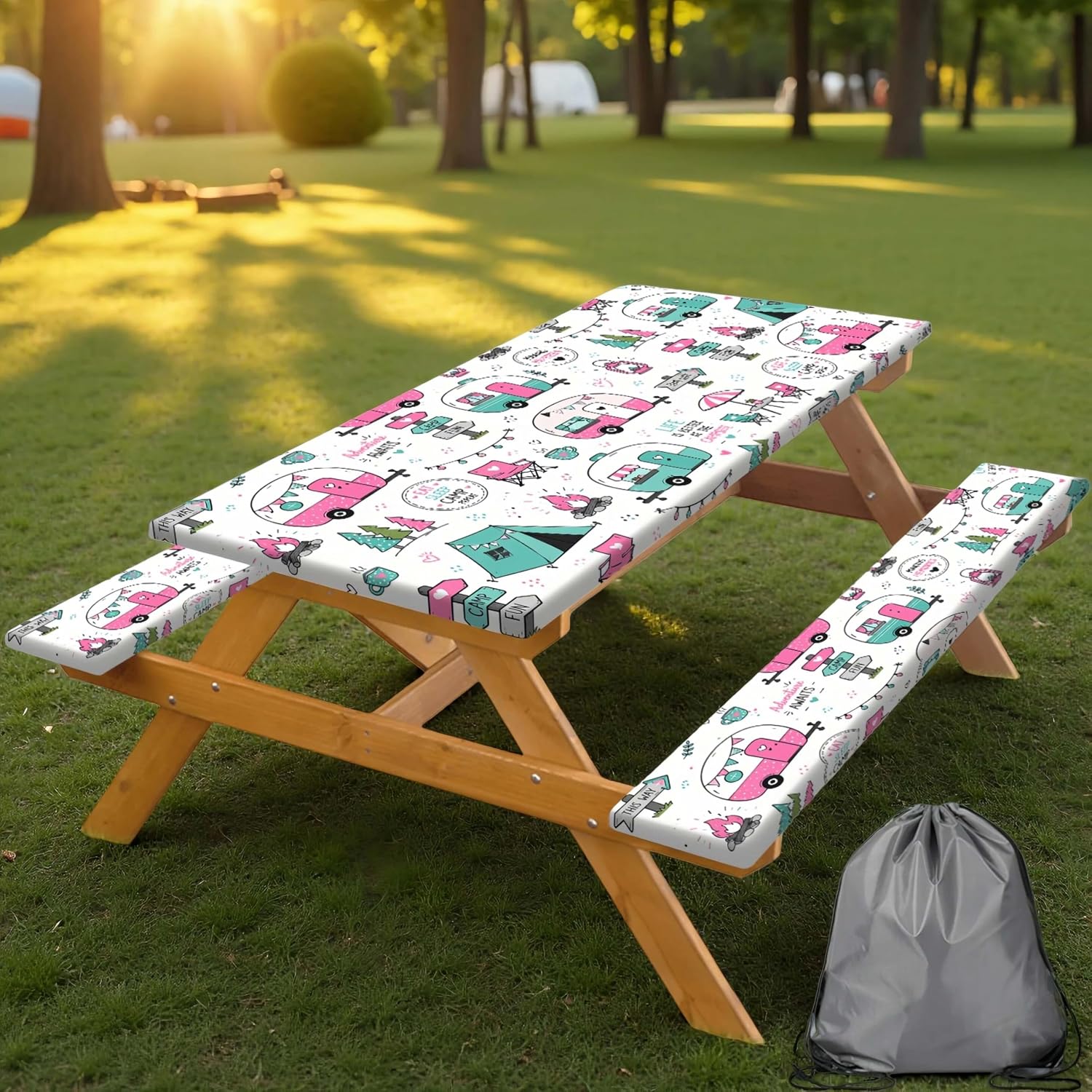 Picnic Table and Bench Covers Set Camping Essentials - Cute Pink Camper Adventure Waterproof Windproof Tablecloth, Camping Accessories with Drawstring Bag Fits for Camping Picnic, 30X72 inch