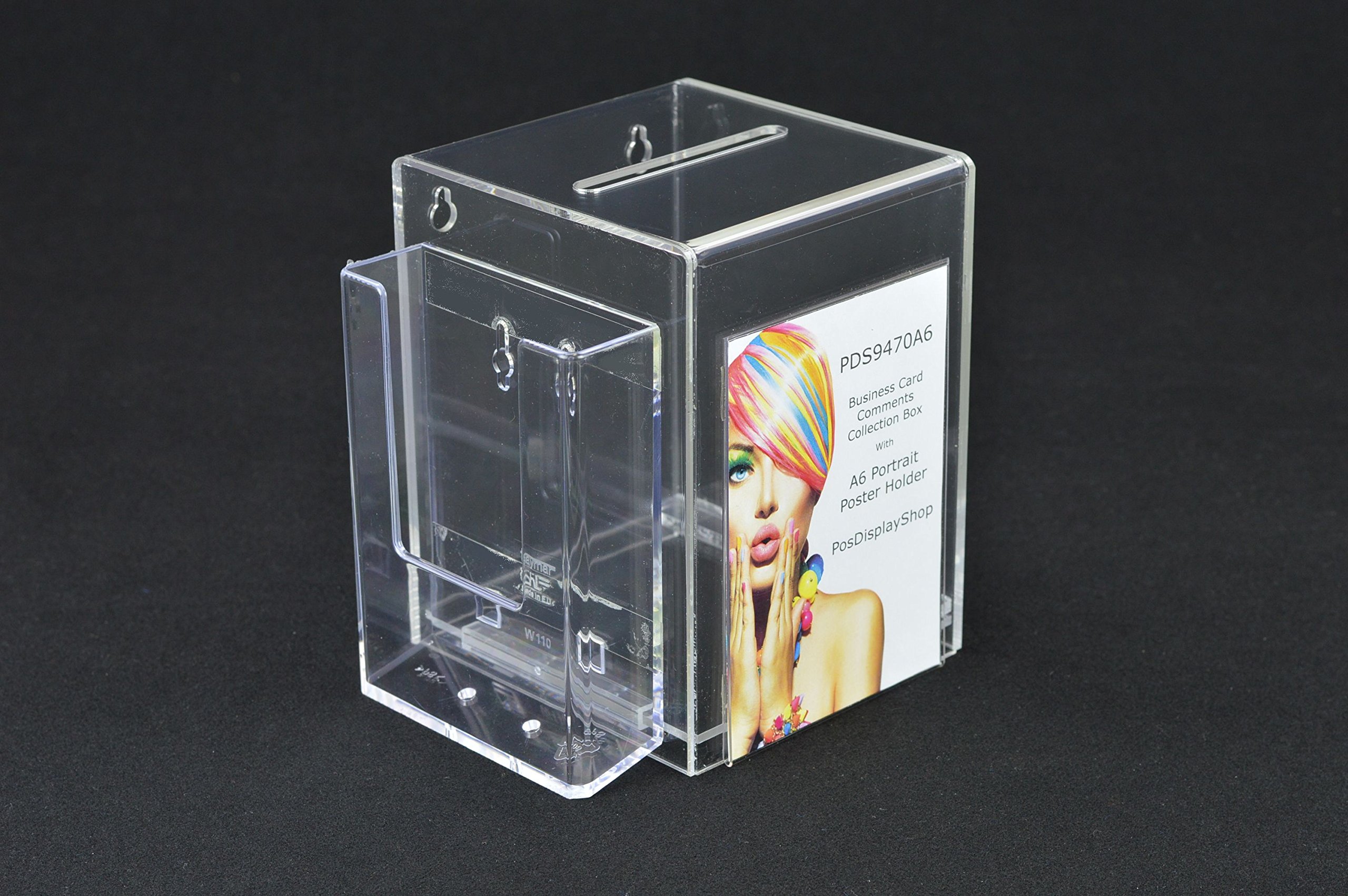Pos Display Shop Small Clear Acrylic Suggestion Feedback Comments Collection Box with A6 Poster Holder + Leaflet Holder PDS9470A6 (Clear)