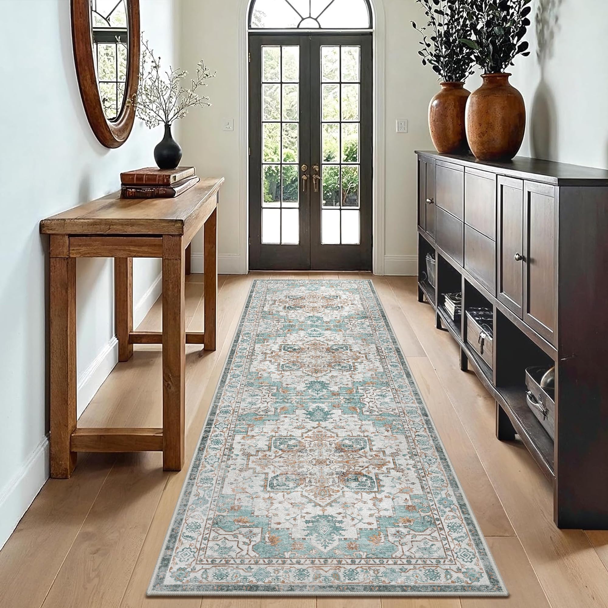 GENIMO Vintage Tappeto Salotto 80x200cm - Tappeto Passatoia Soggiorno Lavabile Antiscivolo, Resistente, Facile da Pulire, Boem Carpet Per Camera da Letto, Sala da Pranzo, Cucina - Vintage Verde Beige